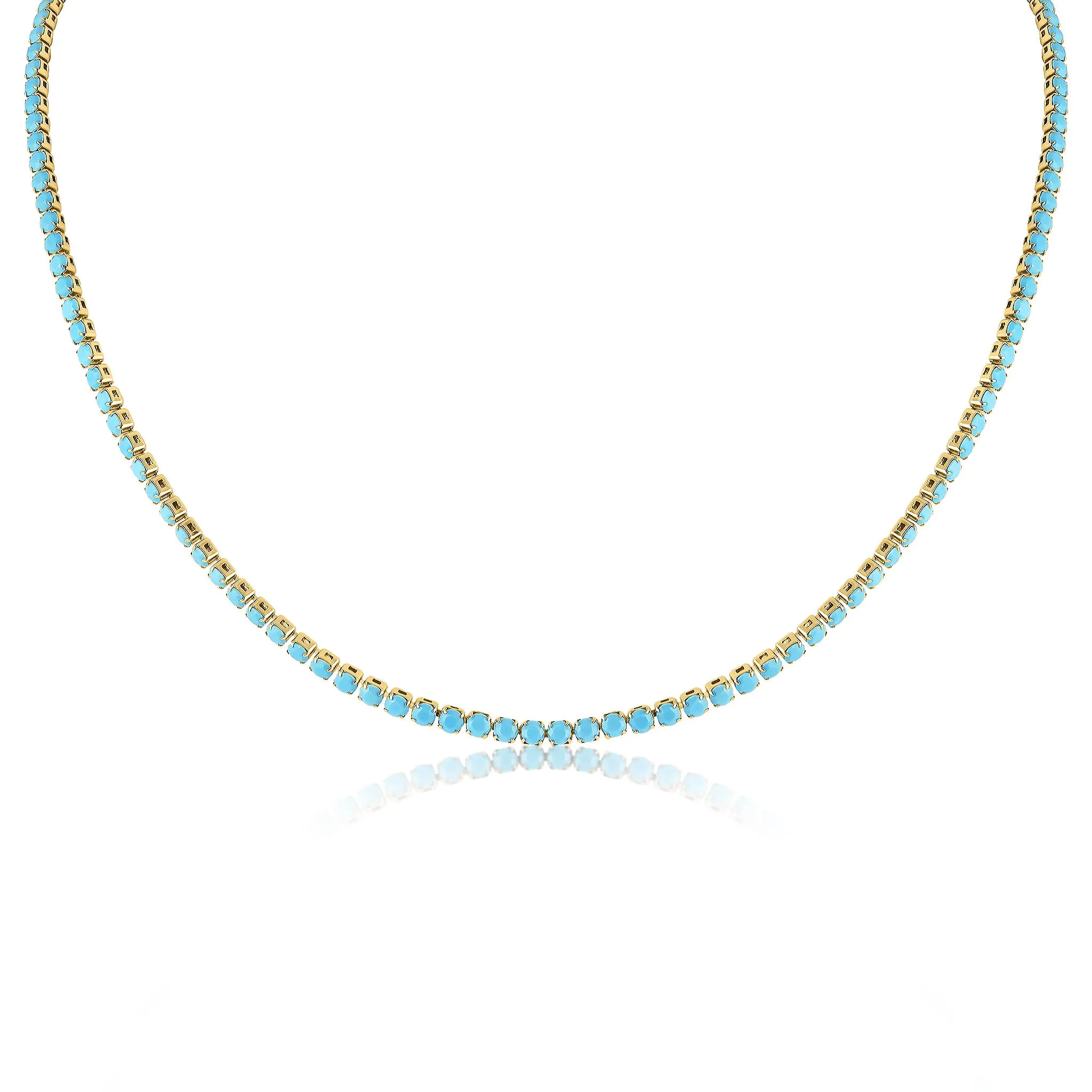 18k Gold PVD Coated Stainless Steel Turquoise Rhinestone Tennis Chain Necklace With 2" Extension / TNN0006