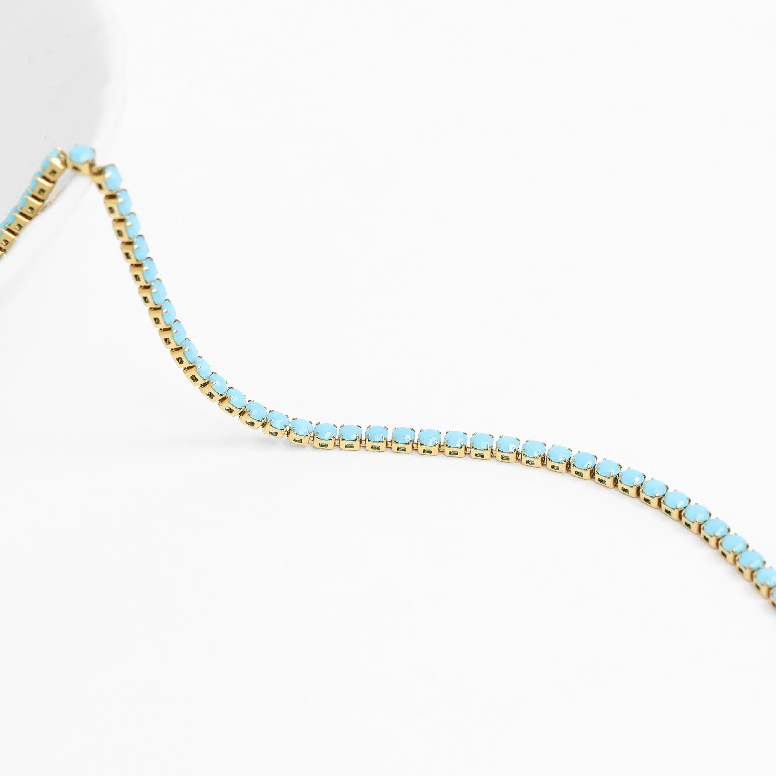 18k Gold PVD Coated Stainless Steel Turquoise Rhinestone Tennis Chain Necklace With 2" Extension / TNN0006