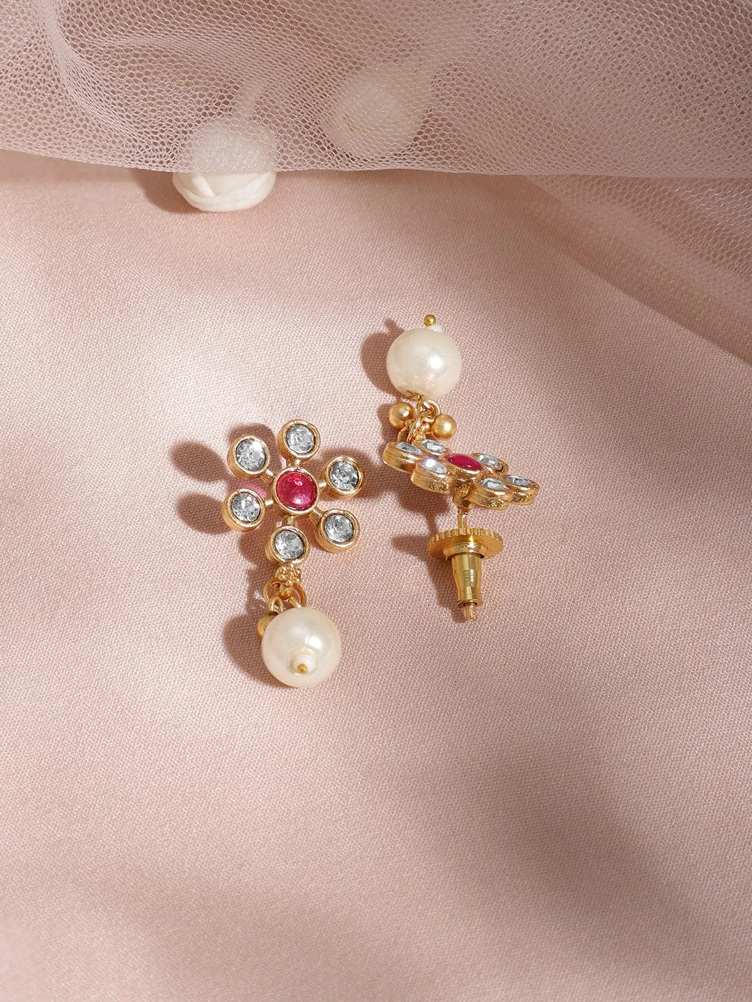 22KT Gold Plated Brass Red And Green Stone Studded Pearls Hanging Jewellery Set