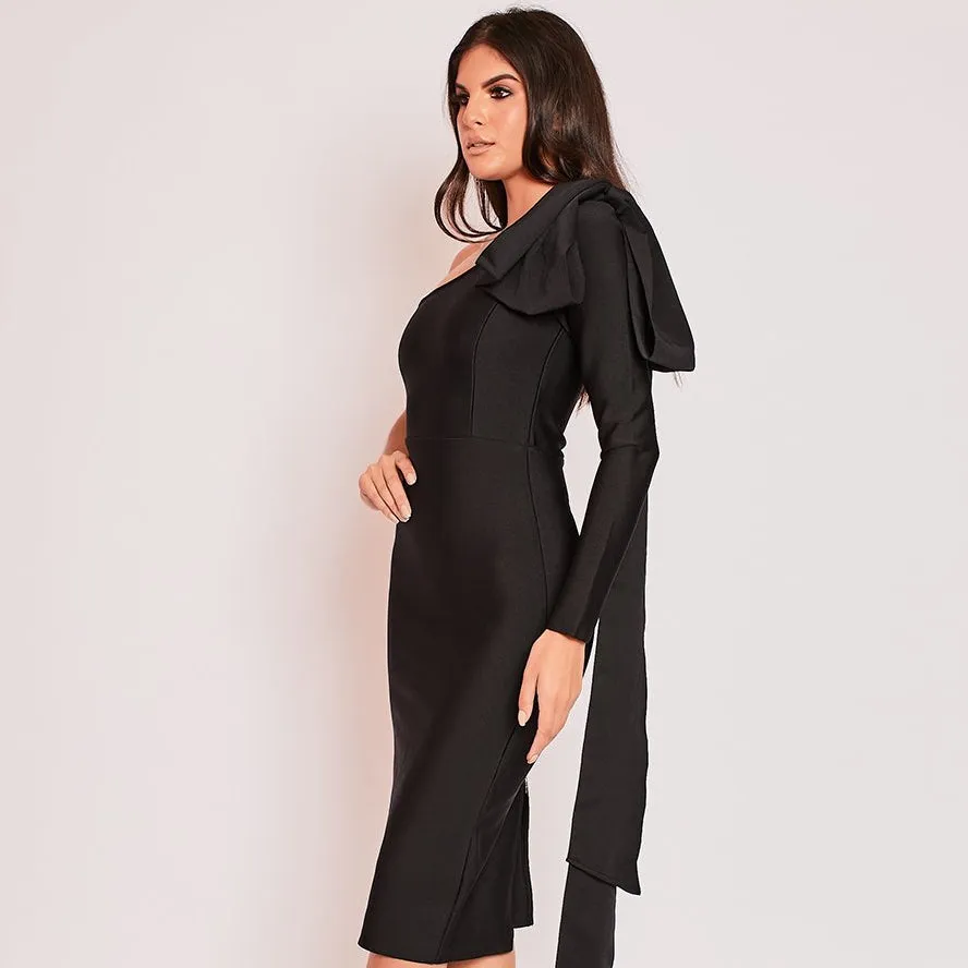 AMANDA  One Shoulder Long Sleeve Over Knee Bowknot Asymmetrical Bandage Dress