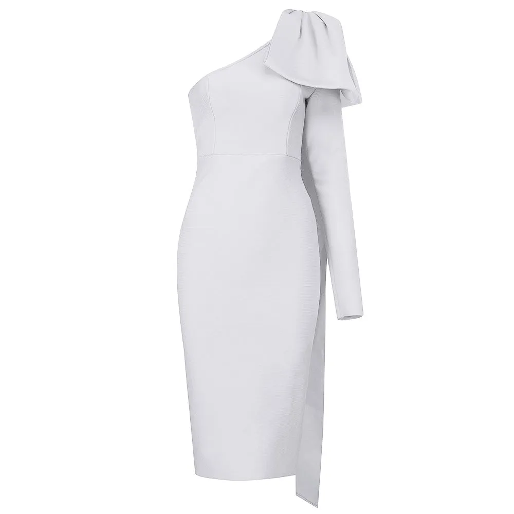AMANDA  One Shoulder Long Sleeve Over Knee Bowknot Asymmetrical Bandage Dress