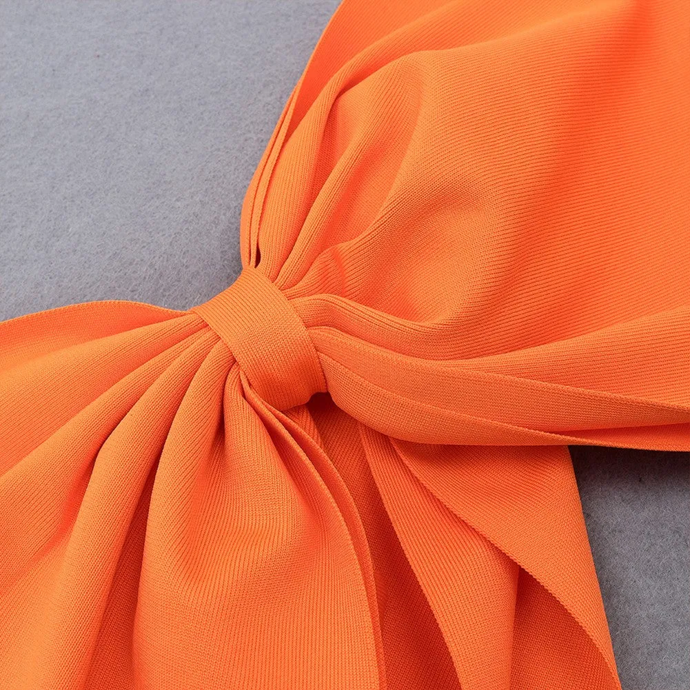 AMANDA  One Shoulder Long Sleeve Over Knee Bowknot Asymmetrical Bandage Dress