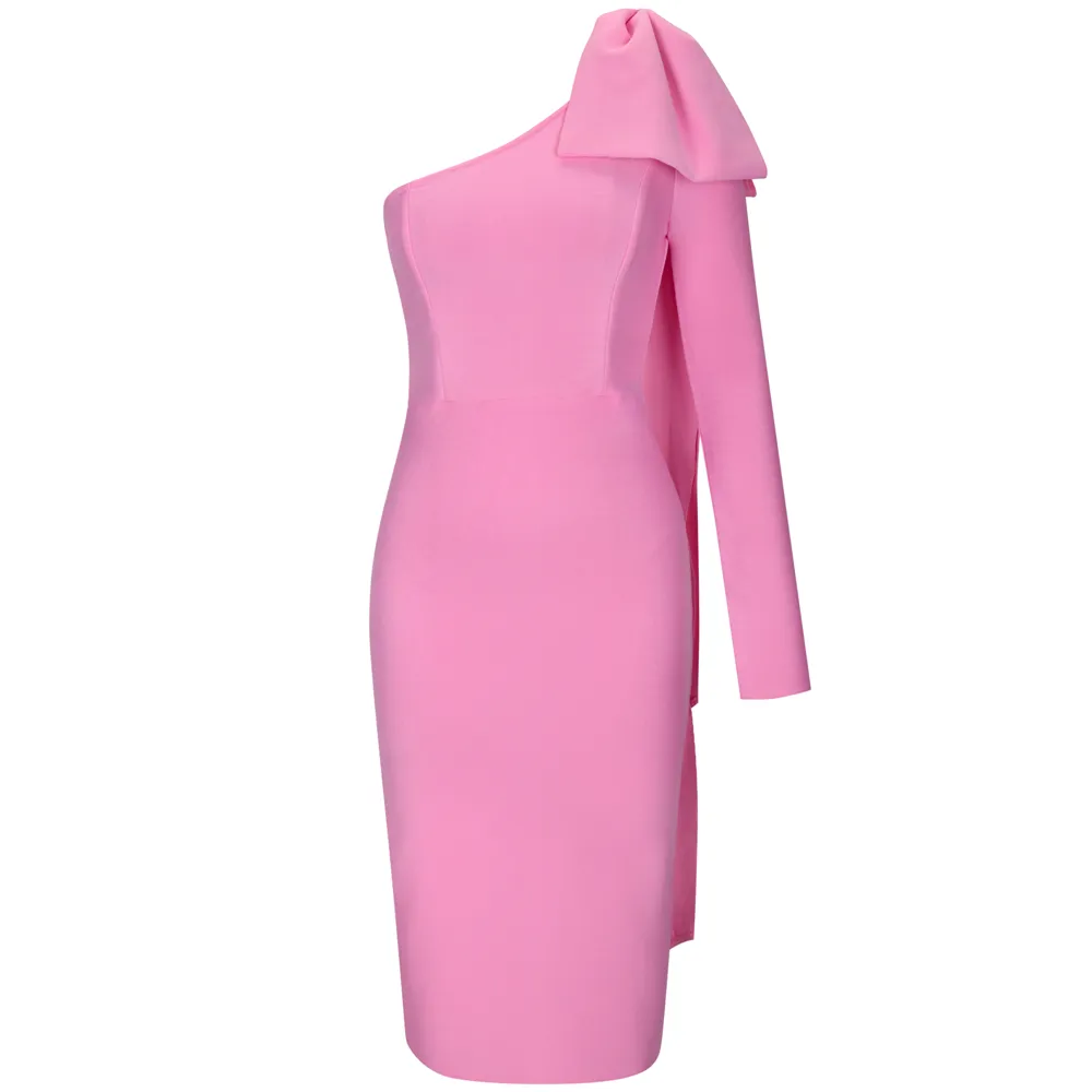 AMANDA  One Shoulder Long Sleeve Over Knee Bowknot Asymmetrical Bandage Dress