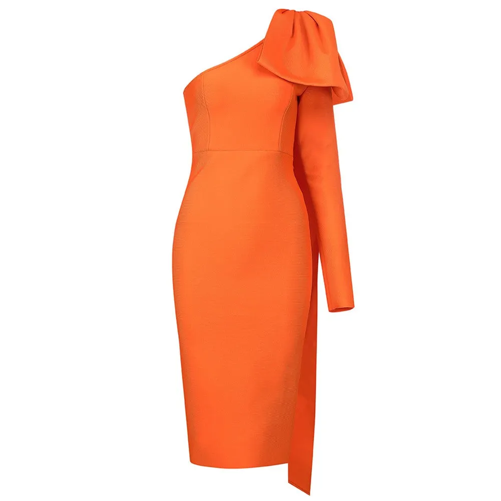AMANDA  One Shoulder Long Sleeve Over Knee Bowknot Asymmetrical Bandage Dress