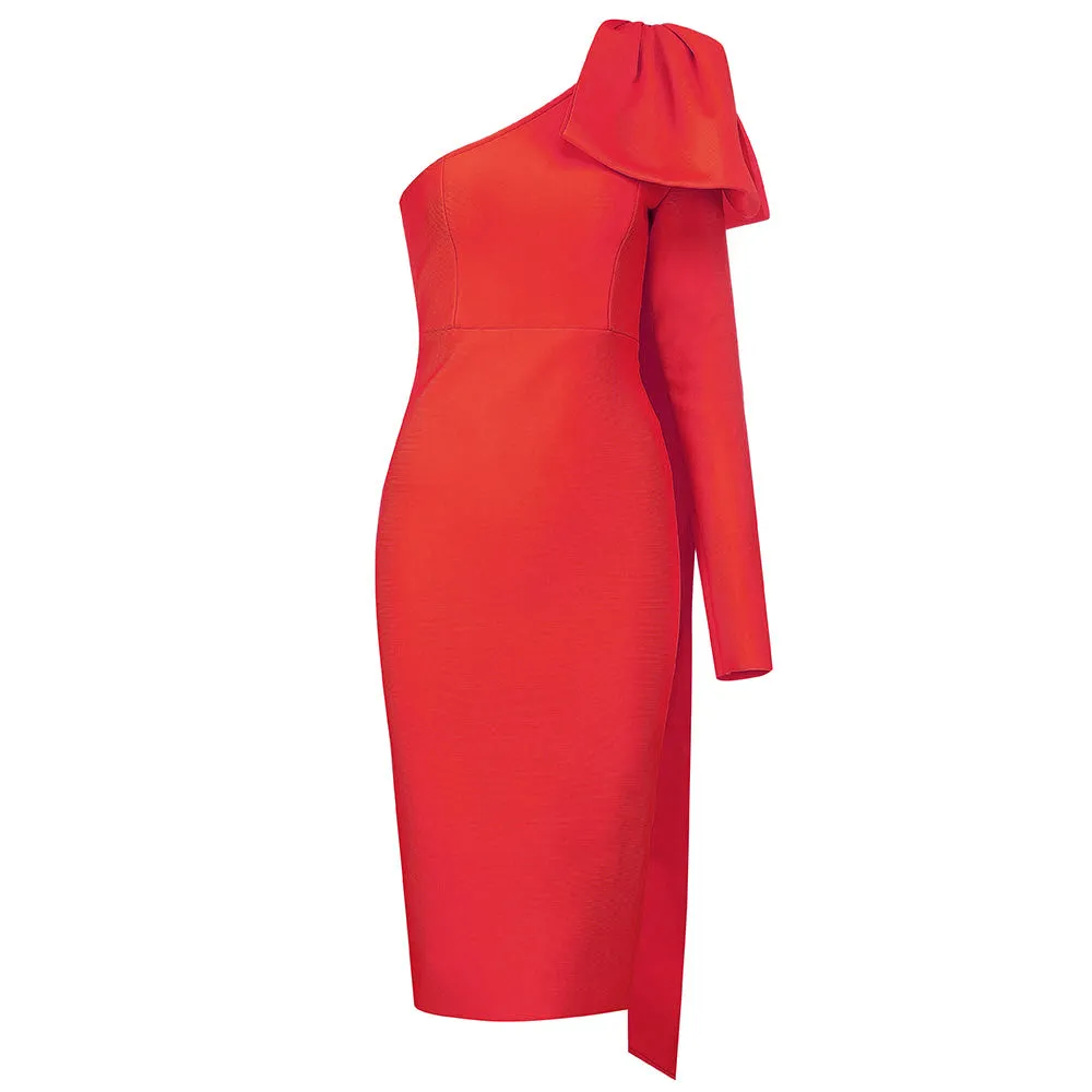 AMANDA  One Shoulder Long Sleeve Over Knee Bowknot Asymmetrical Bandage Dress