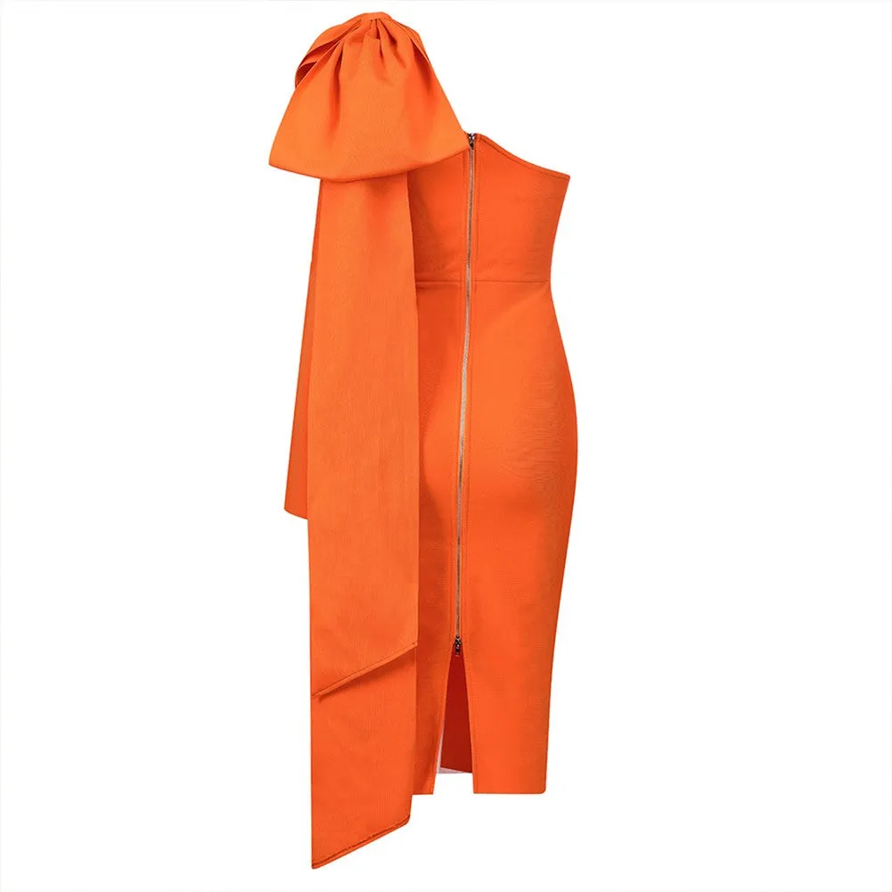 AMANDA  One Shoulder Long Sleeve Over Knee Bowknot Asymmetrical Bandage Dress