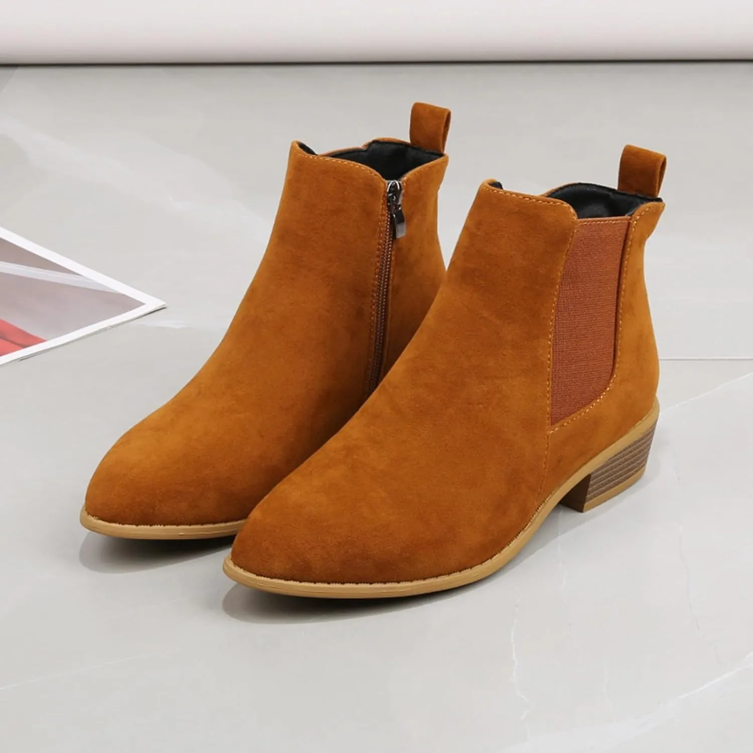 Ankle Boots for Women, Fashion Pointed Toe Chunky Block Heels Comfy Faux Stacked Low Heel Dressy Side Zipper Booties Shoes