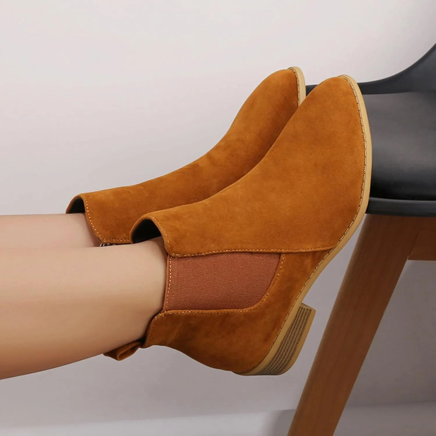 Ankle Boots for Women, Fashion Pointed Toe Chunky Block Heels Faux Stacked Low Heel Dressy Side Zipper Booties Shoes