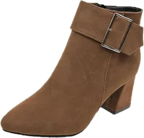 Ankle Boots for Women, Metal Buckle Pointed Toe Suede Chunky Block High Heels Ankle Boots With Side Zipper Short Boots