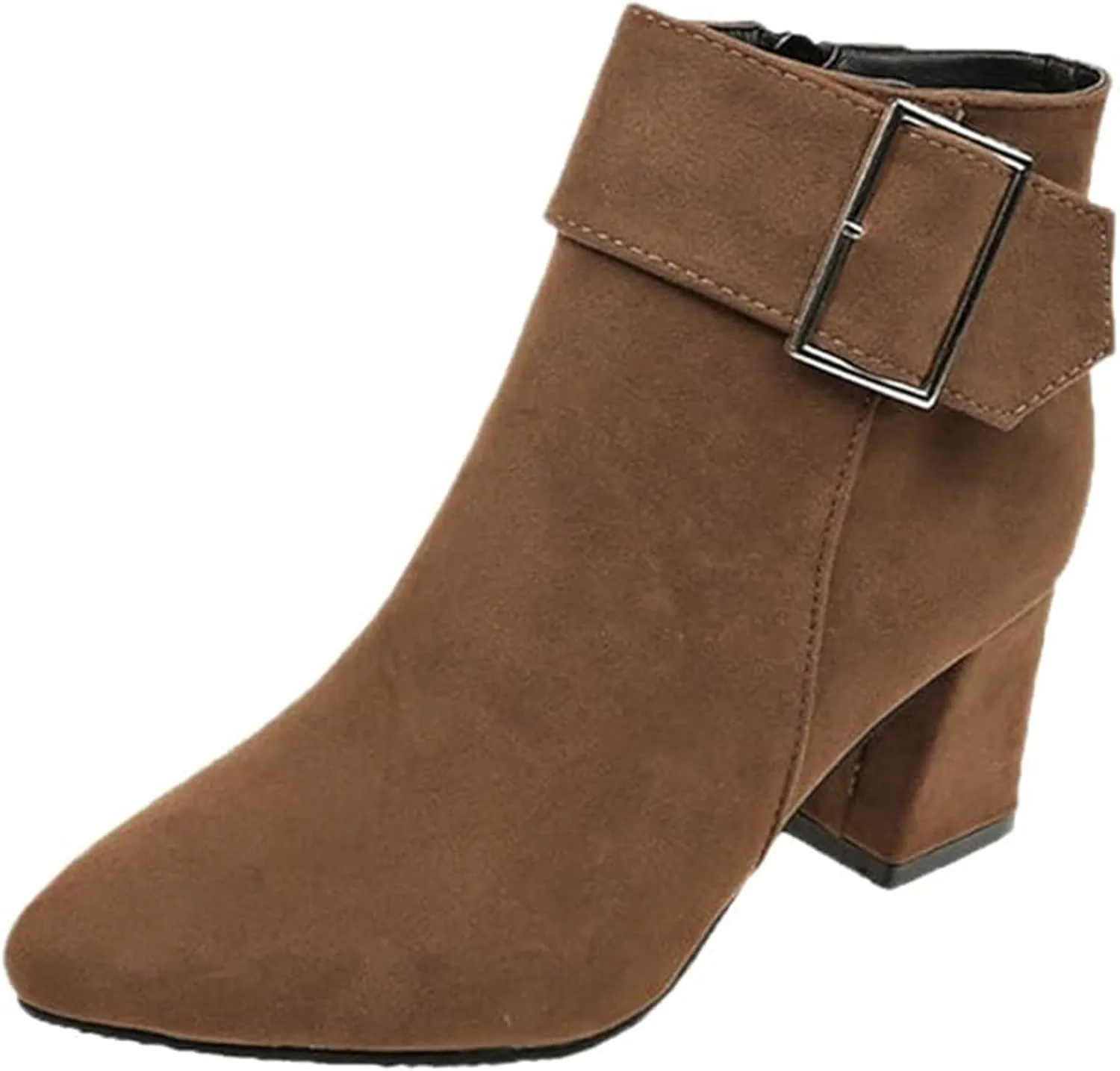 Ankle Boots for Women, Metal Buckle Pointed Toe Suede Chunky Block High Heels Ankle Boots With Side Zipper Short Boots