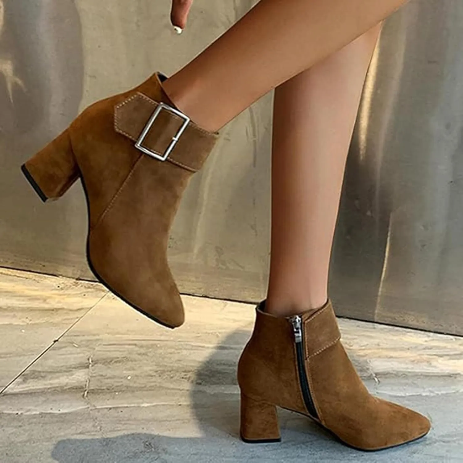 Ankle Boots for Women, Metal Buckle Pointed Toe Suede Chunky Block High Heels Ankle Boots With Side Zipper Short Boots