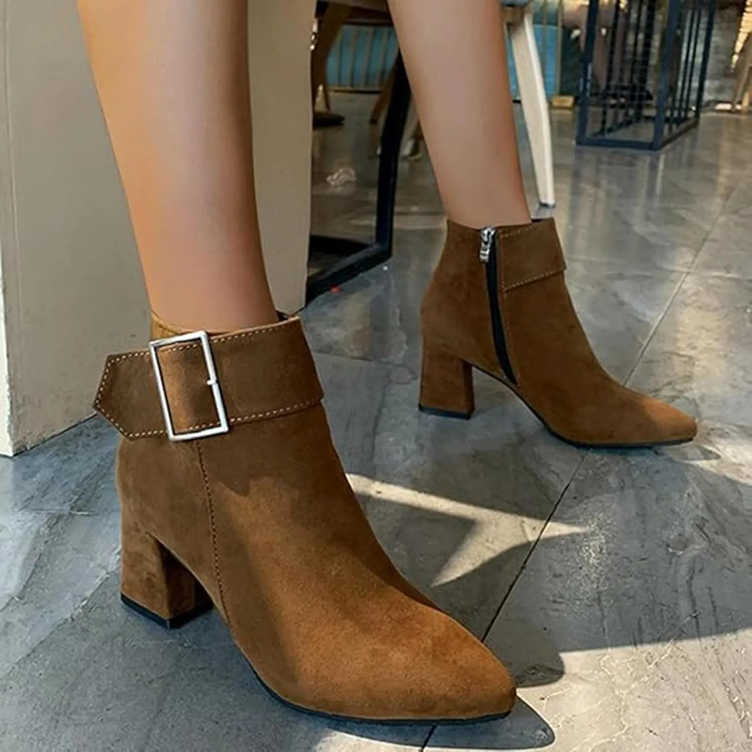 Ankle Boots for Women, Metal Buckle Pointed Toe Suede Chunky Block High Heels Ankle Boots With Side Zipper Short Boots