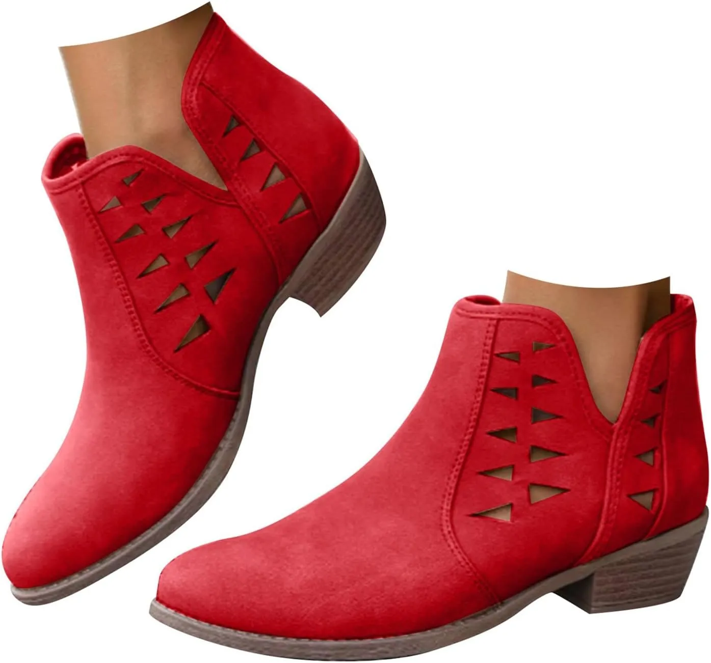 Ankle Boots for Women Womens Low Stacked Block Heel Fall Perforated Cut Out Ankle Booties Slip On Dress Short Boots