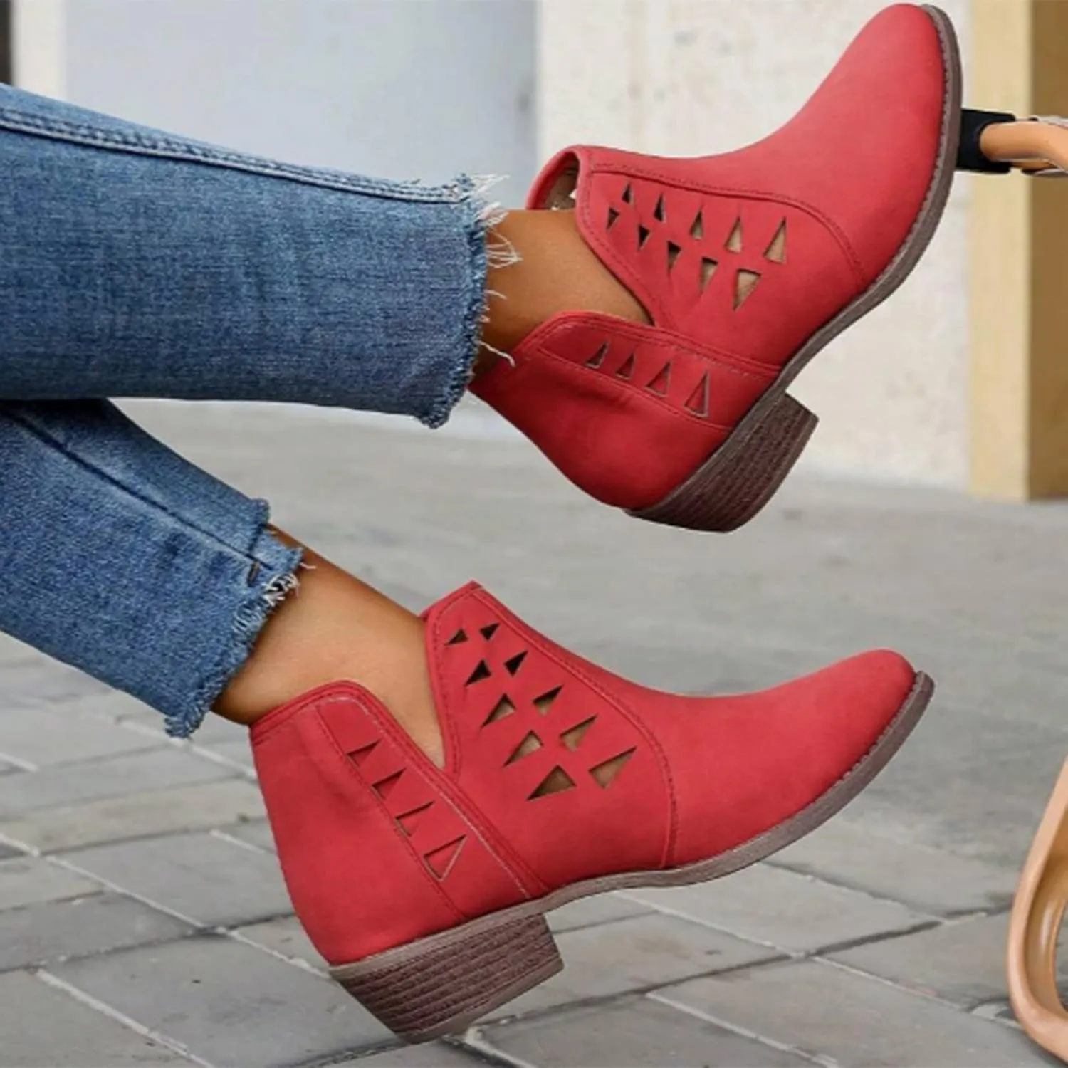 Ankle Boots for Women Womens Low Stacked Block Heel Fall Perforated Cut Out Ankle Booties Slip On Dress Short Boots