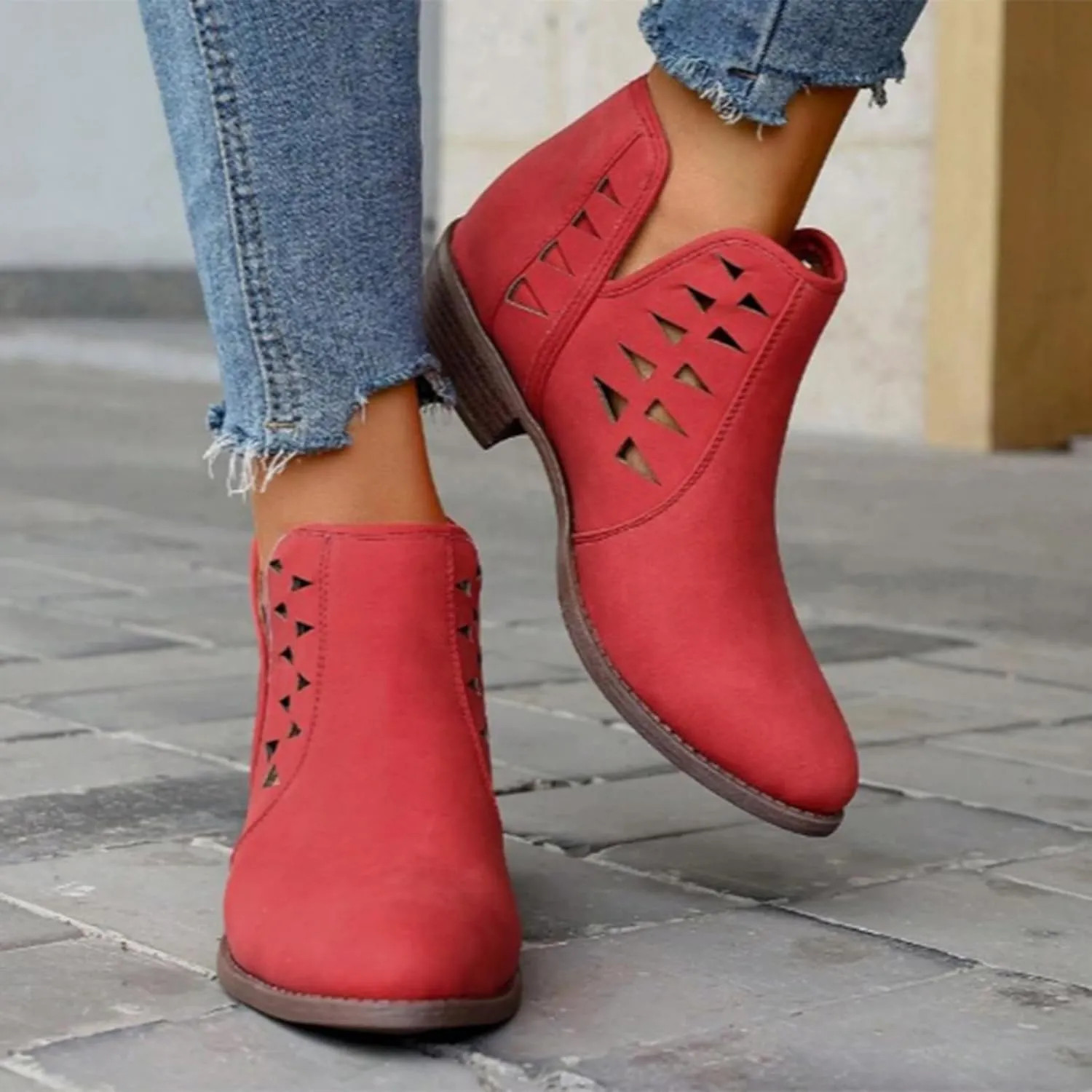 Ankle Boots for Women Womens Low Stacked Block Heel Fall Perforated Cut Out Ankle Booties Slip On Dress Short Boots