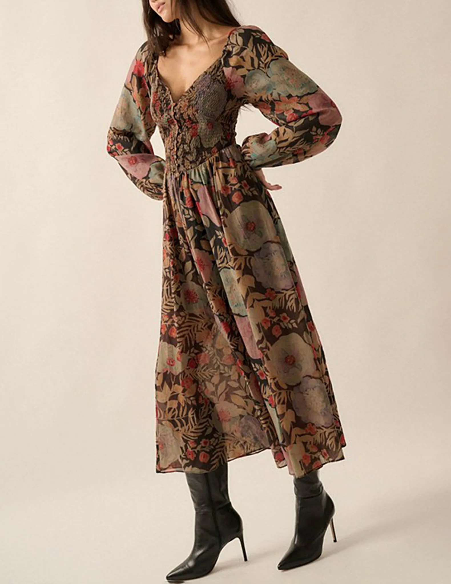 Asha Long Sleeve Black Floral Dress
