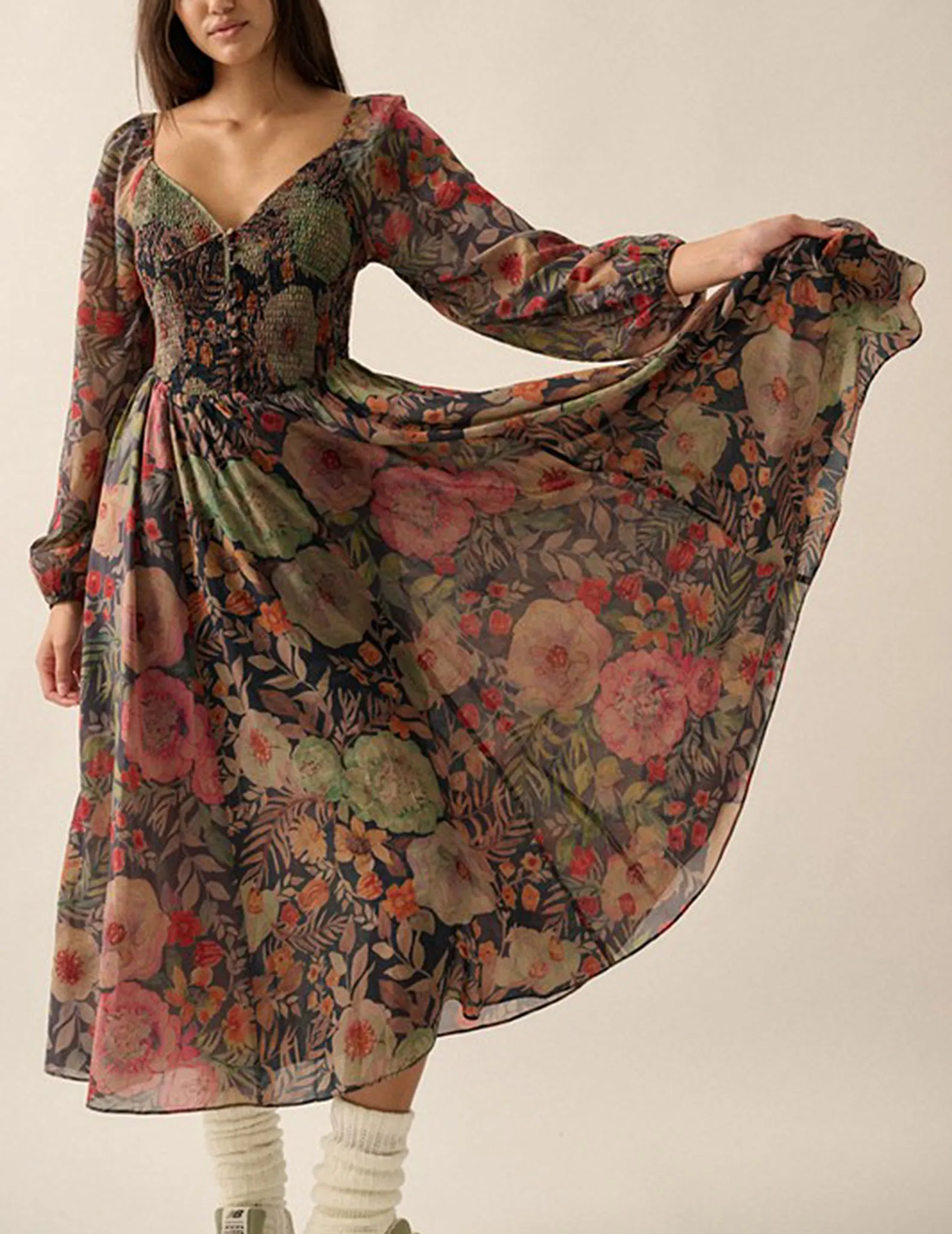 Asha Long Sleeve Black Floral Dress