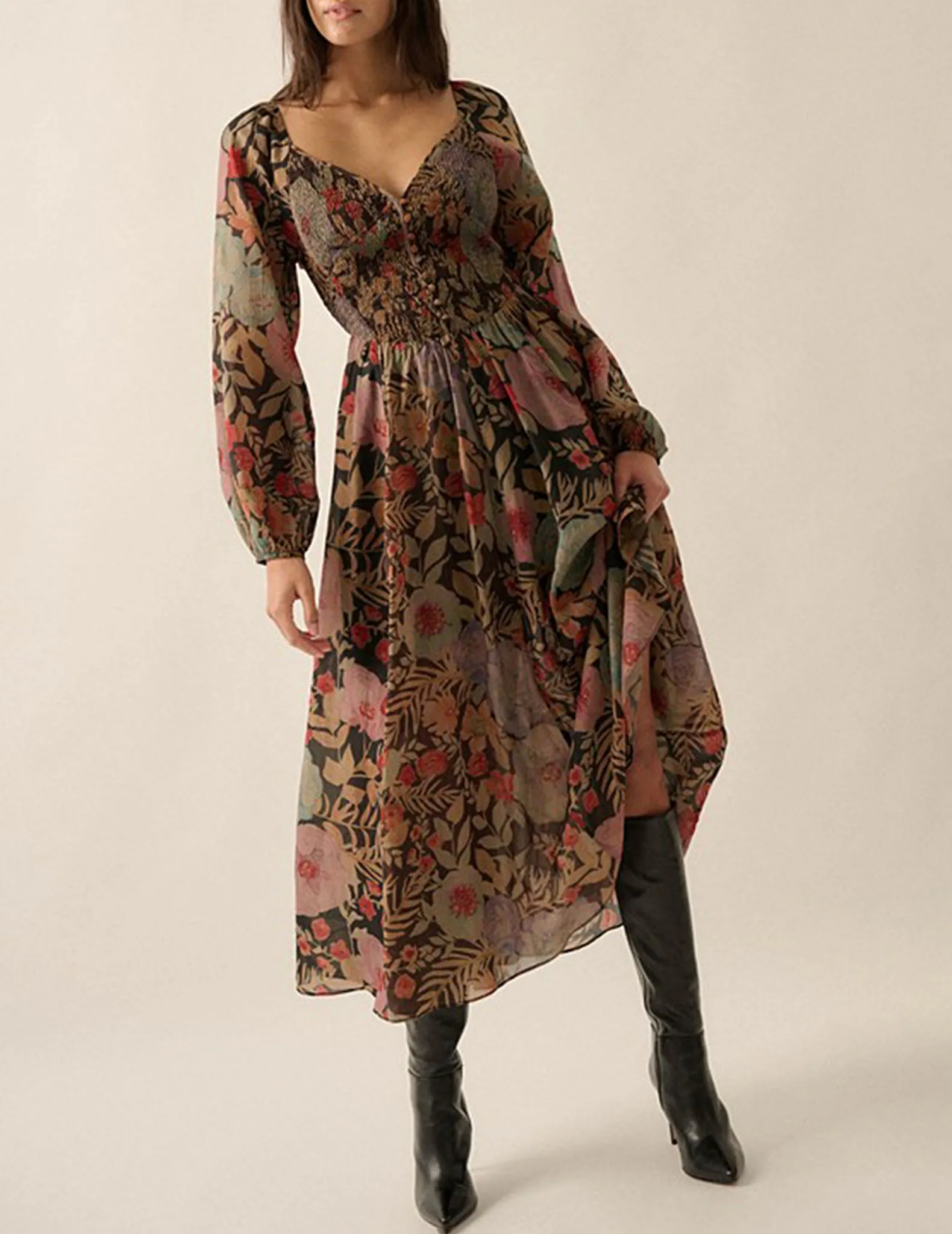 Asha Long Sleeve Black Floral Dress