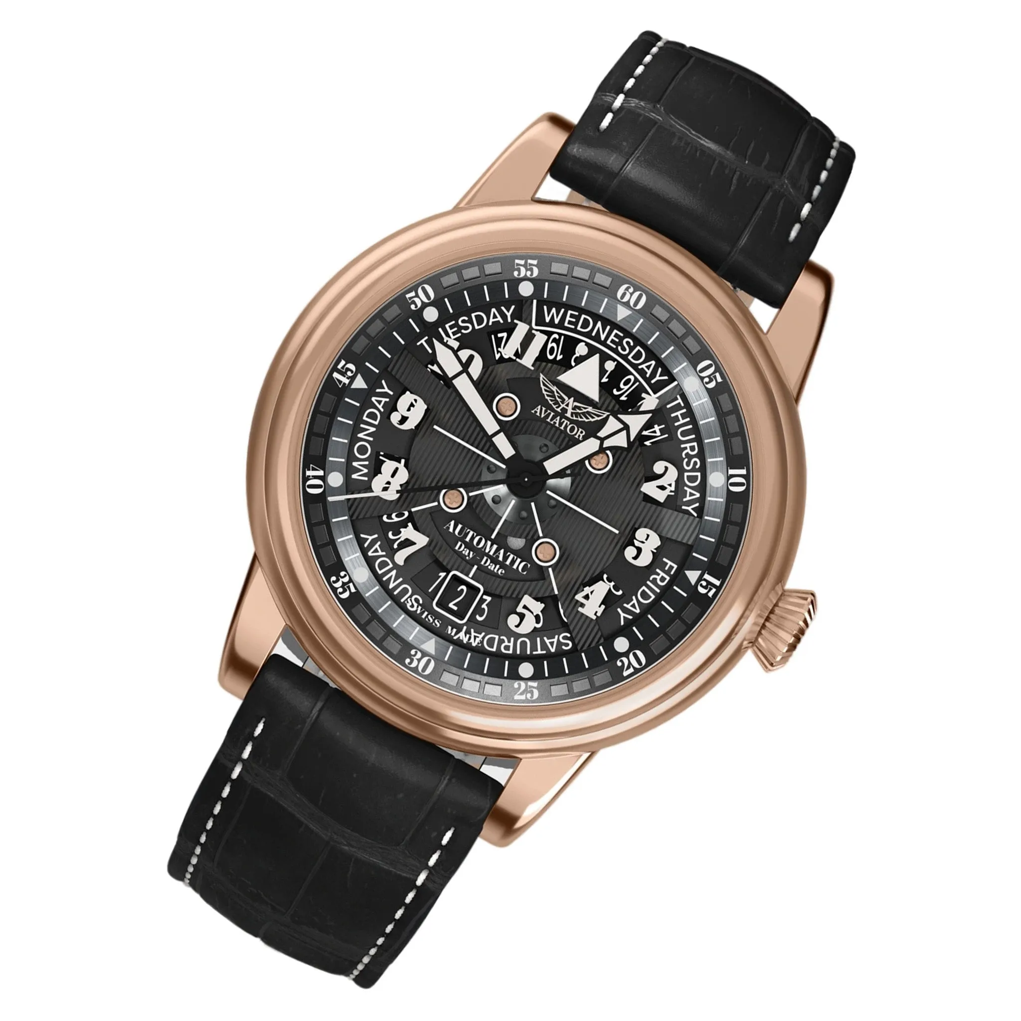 Aviator Black Leather Swiss Made Men's Automatic Watch - V33622854