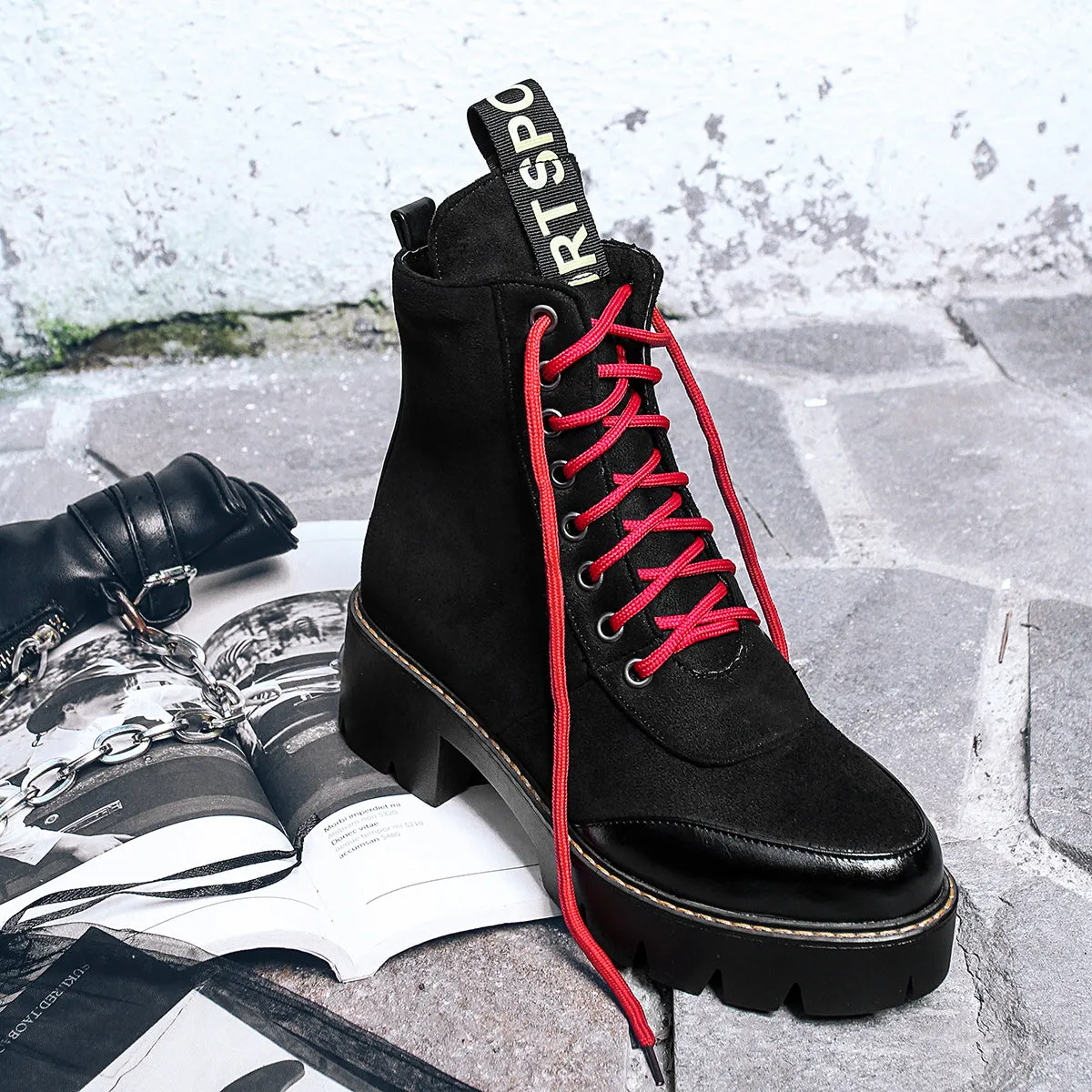 Bigsizeheels Round toe color strap Martin boots - Black