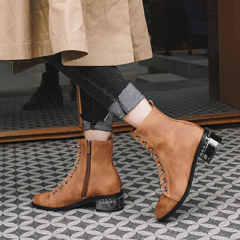 Bigsizeheels Round toe flat side zipper Martin boots - Brown