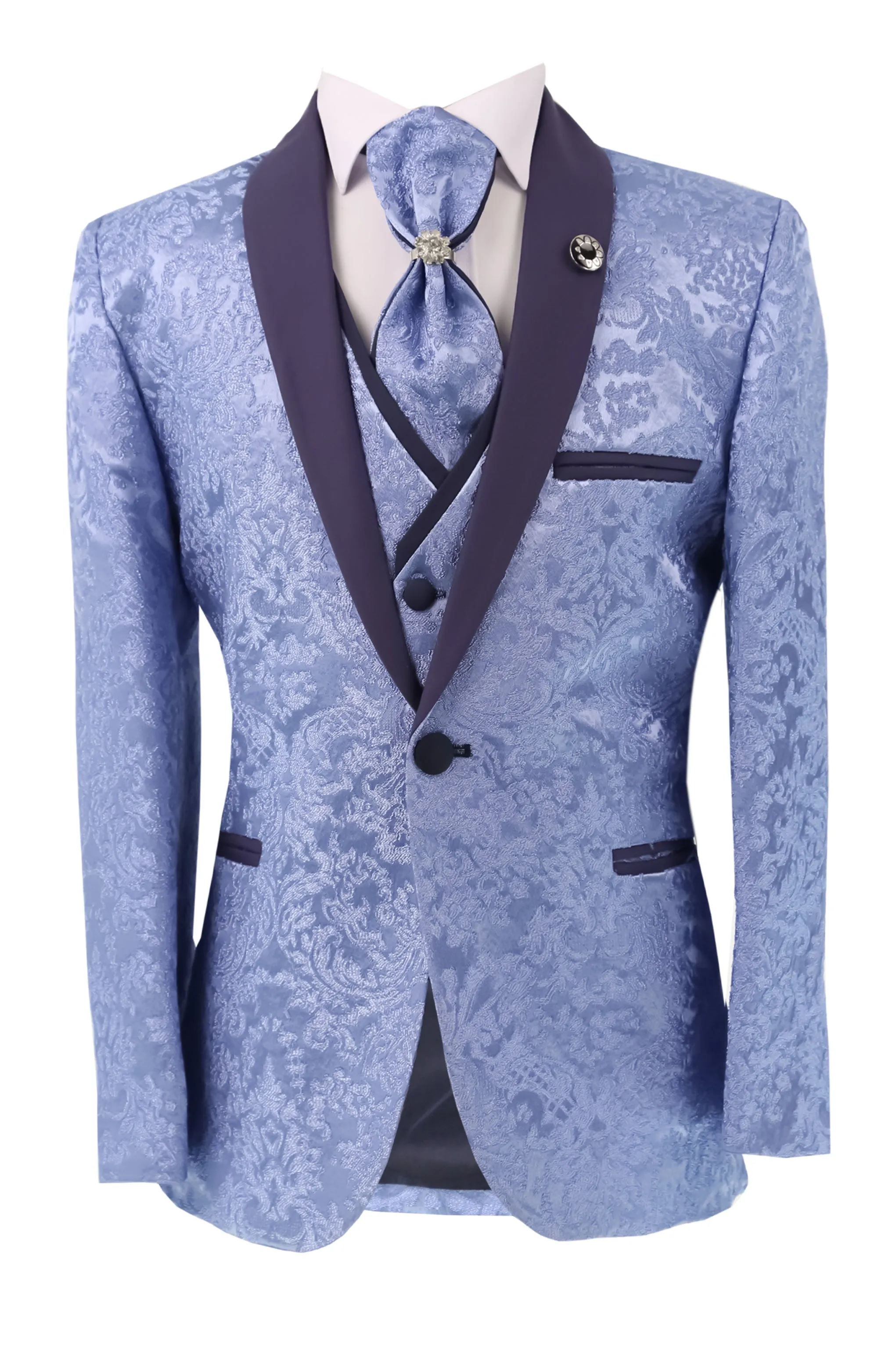 Boys Satin Lapel Paisley Floral Tuxedo Suit Set - Blue