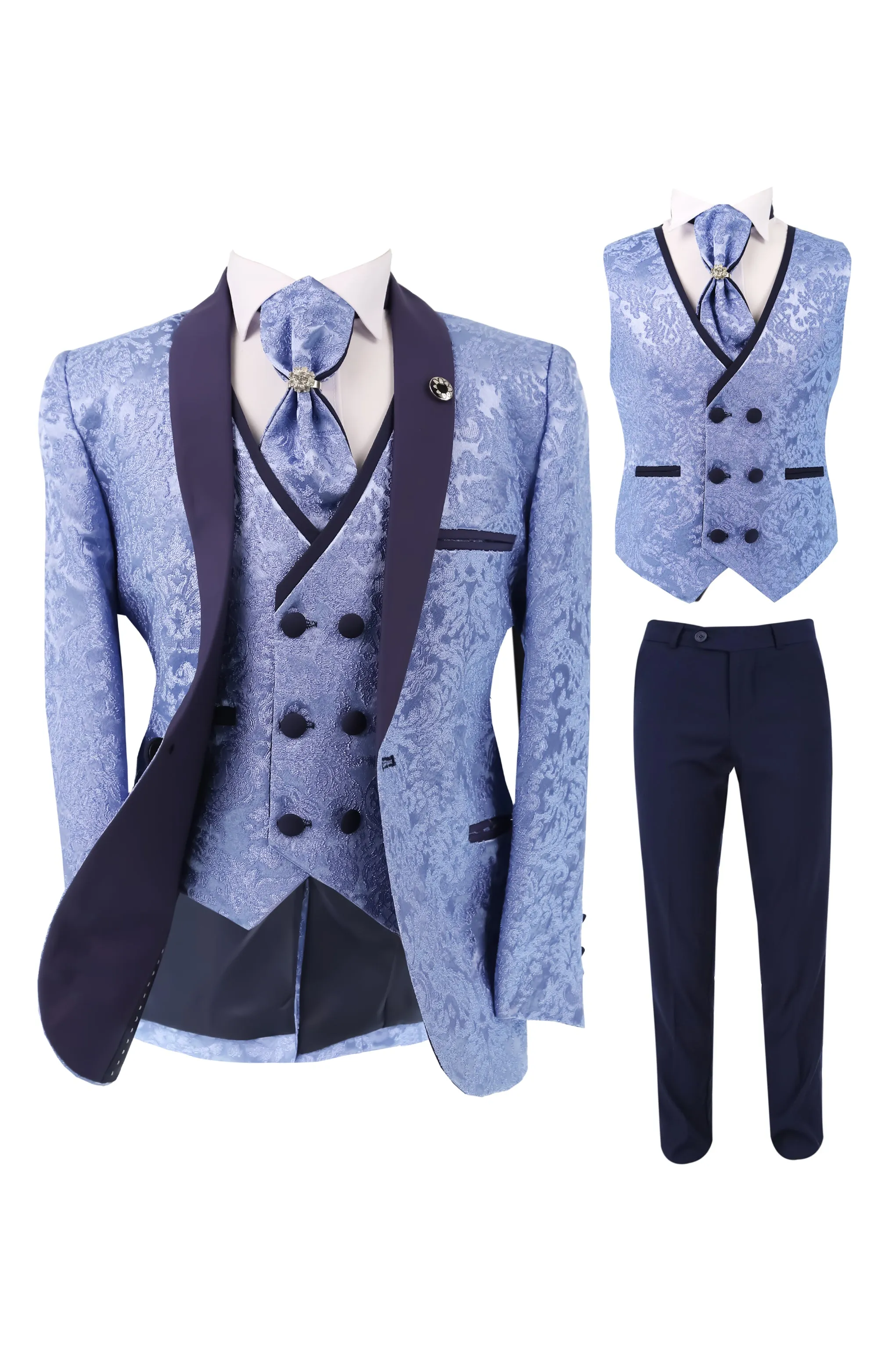 Boys Satin Lapel Paisley Floral Tuxedo Suit Set - Blue