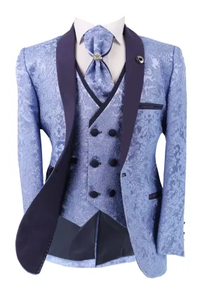 Boys Satin Lapel Paisley Floral Tuxedo Suit Set - Blue