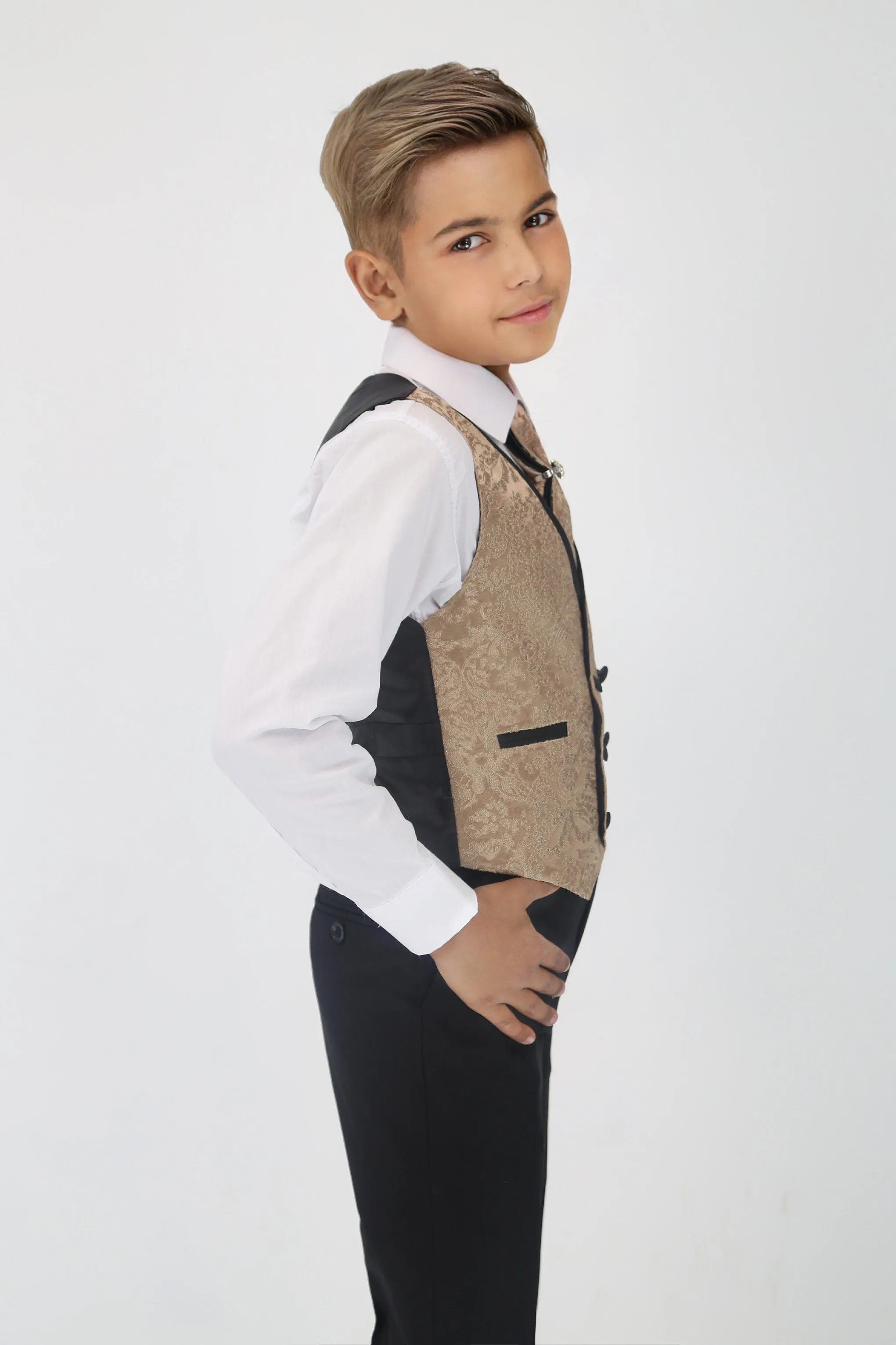 Boys Satin Lapel Paisley Floral Tuxedo Suit Set - Gold