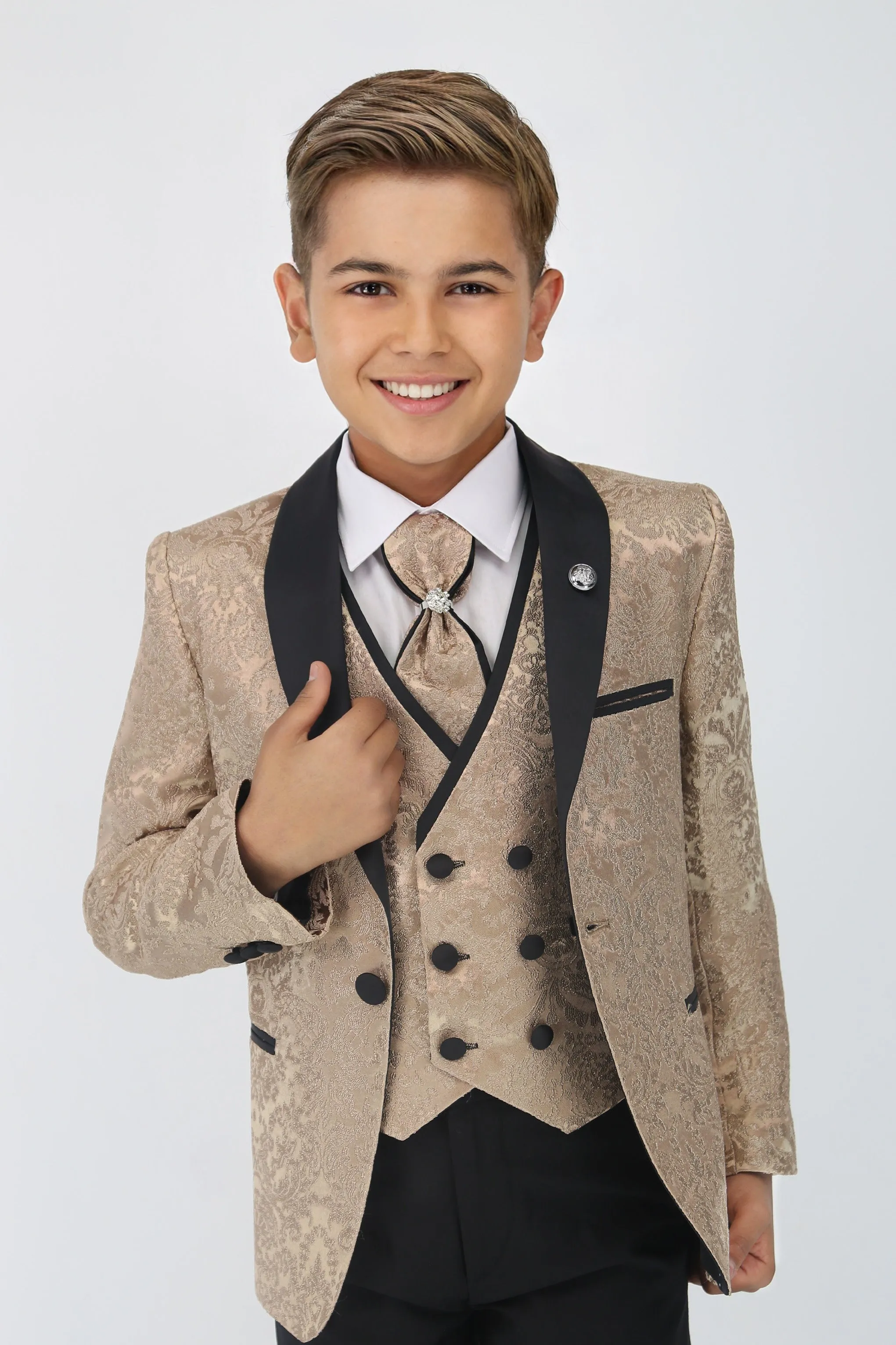 Boys Satin Lapel Paisley Floral Tuxedo Suit Set - Gold