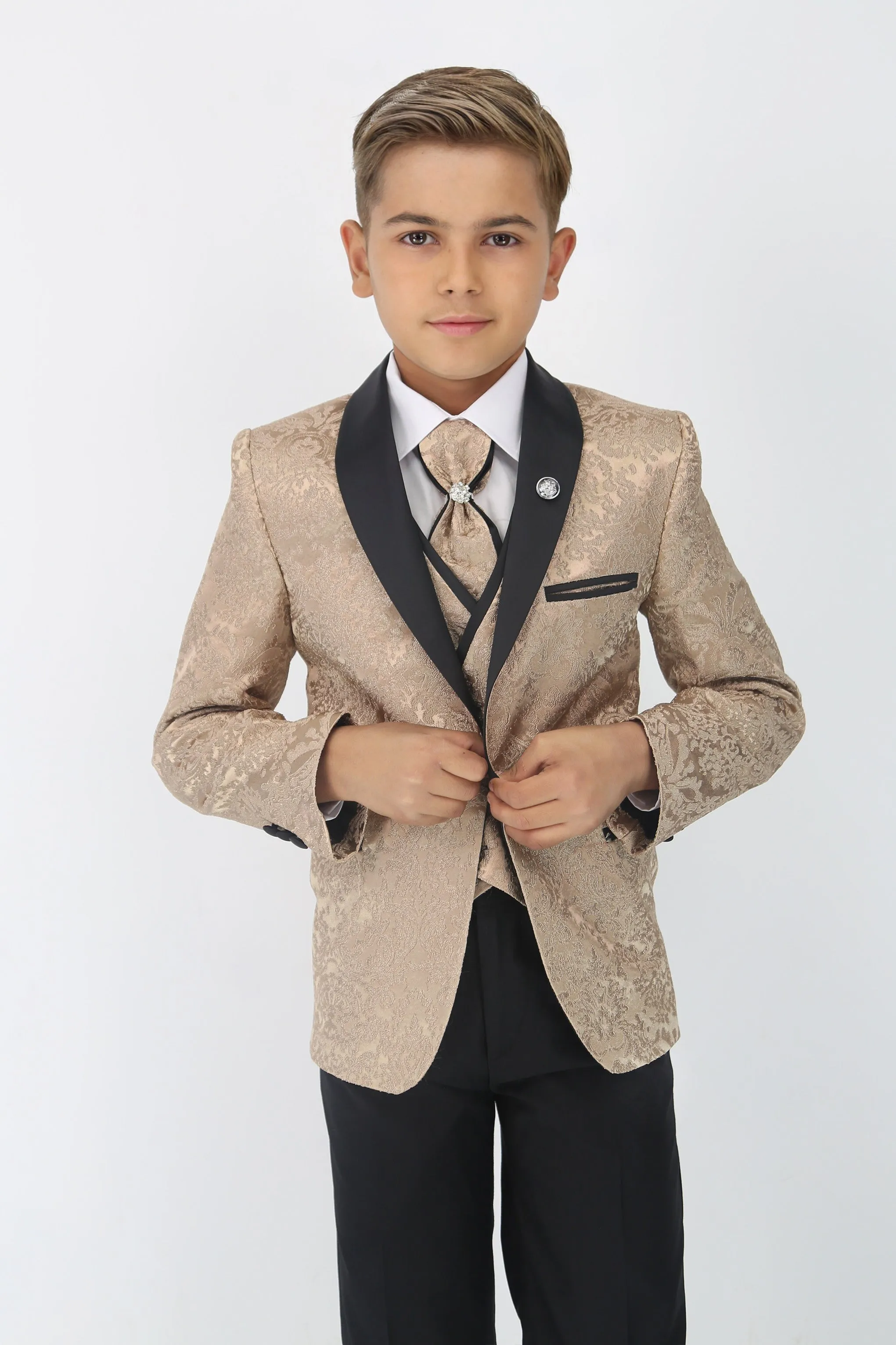 Boys Satin Lapel Paisley Floral Tuxedo Suit Set - Gold