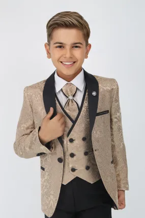 Boys Satin Lapel Paisley Floral Tuxedo Suit Set - Gold