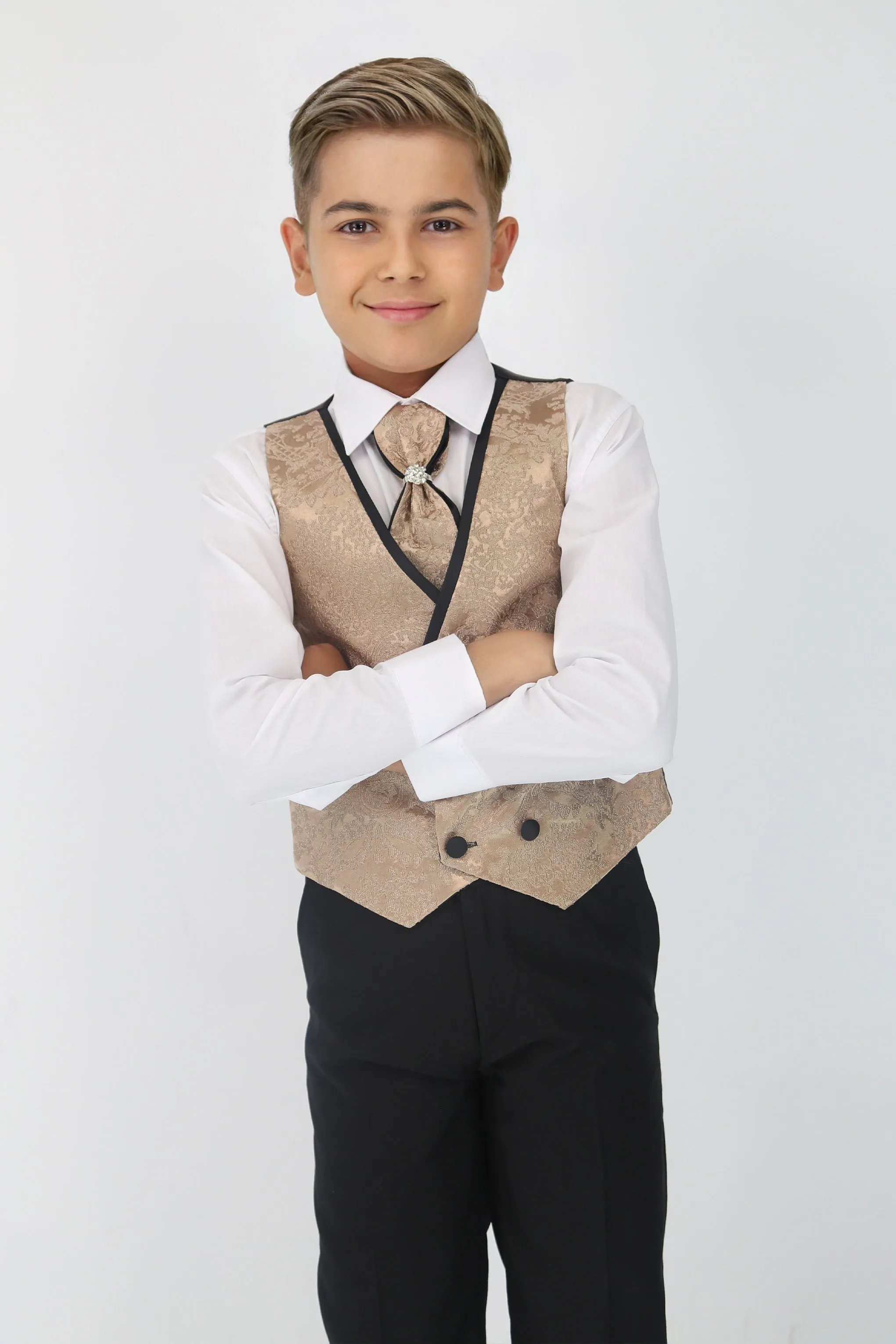 Boys Satin Lapel Paisley Floral Tuxedo Suit Set - Gold
