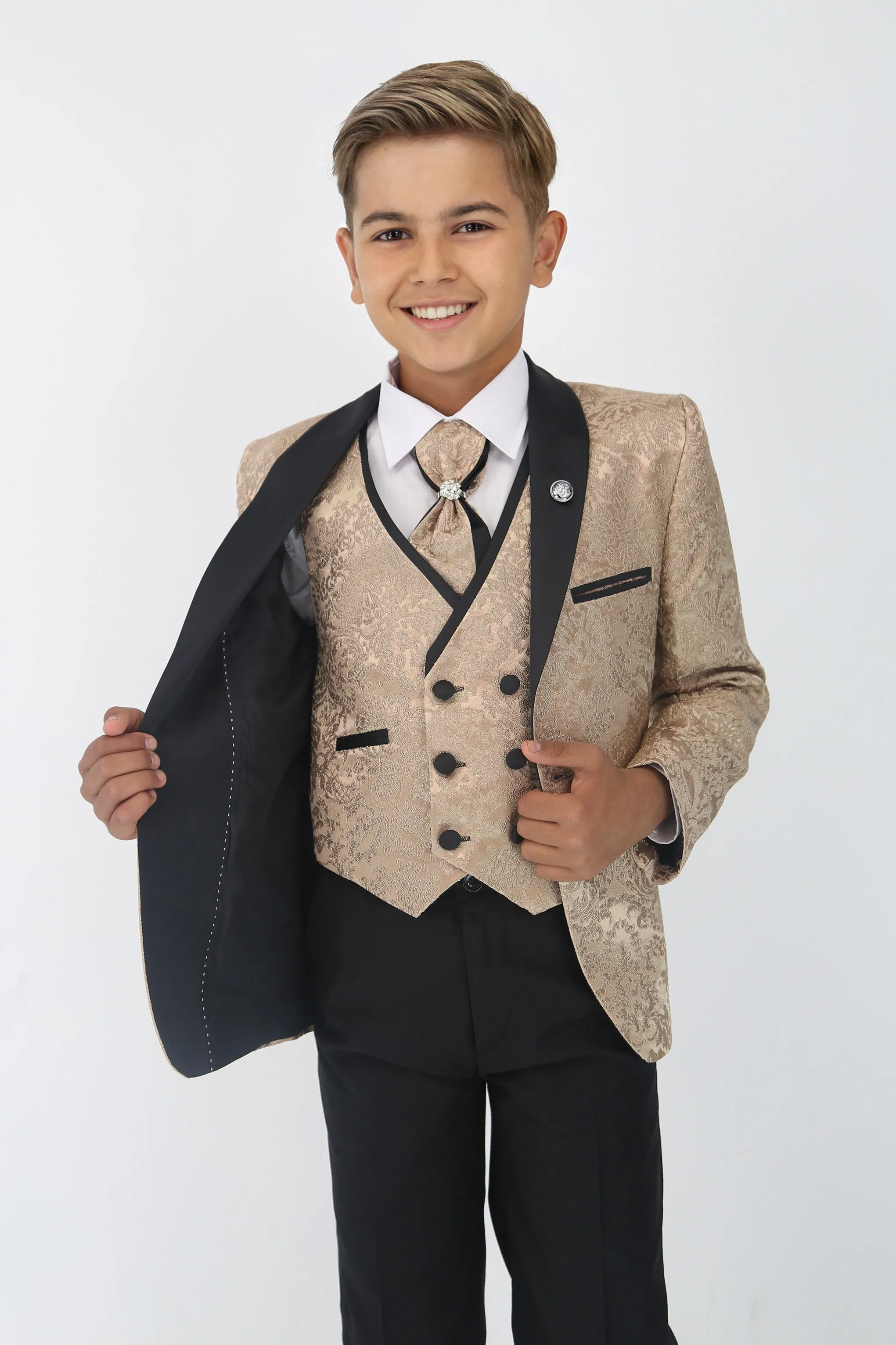 Boys Satin Lapel Paisley Floral Tuxedo Suit Set - Gold