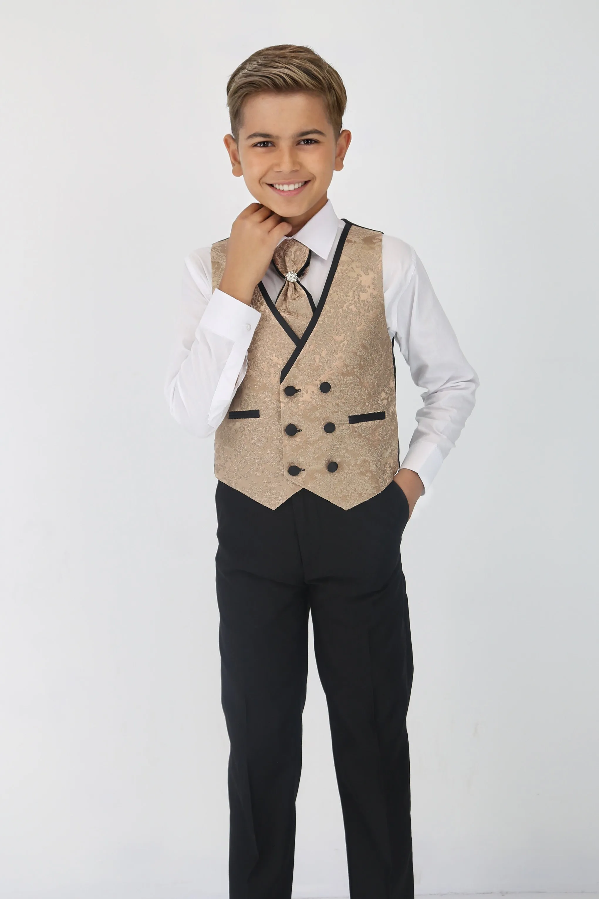 Boys Satin Lapel Paisley Floral Tuxedo Suit Set - Gold