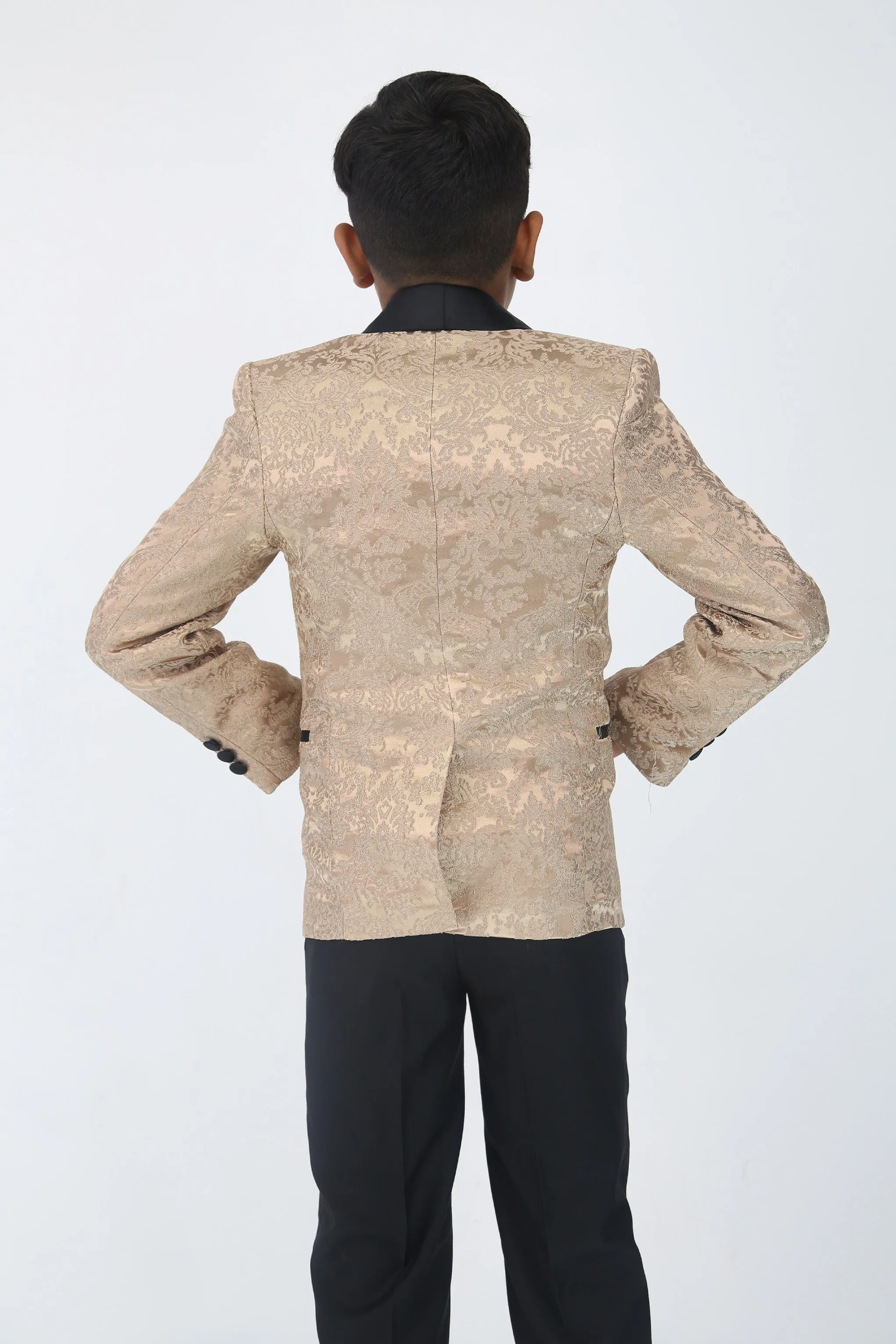Boys Satin Lapel Paisley Floral Tuxedo Suit Set - Gold