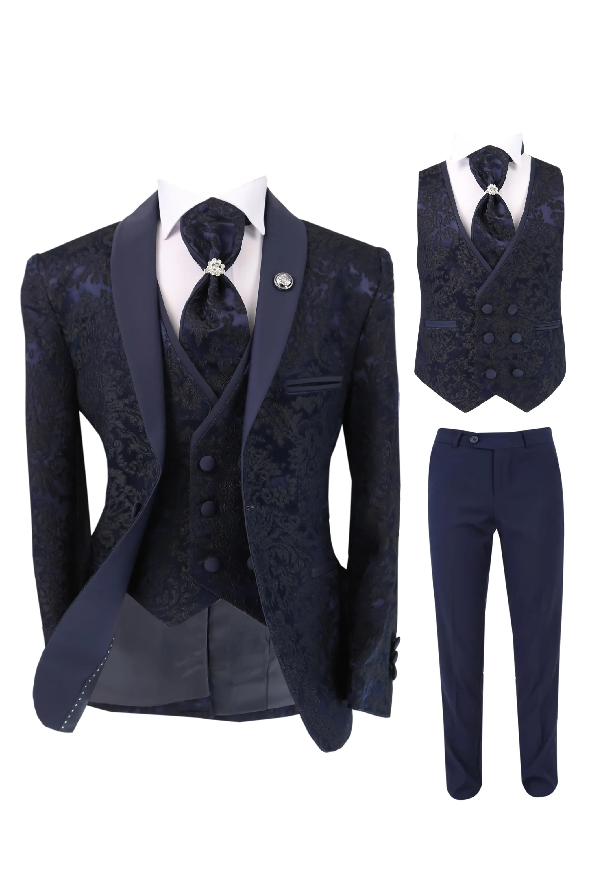 Boys Satin Lapel Paisley Floral Tuxedo Suit Set - Navy