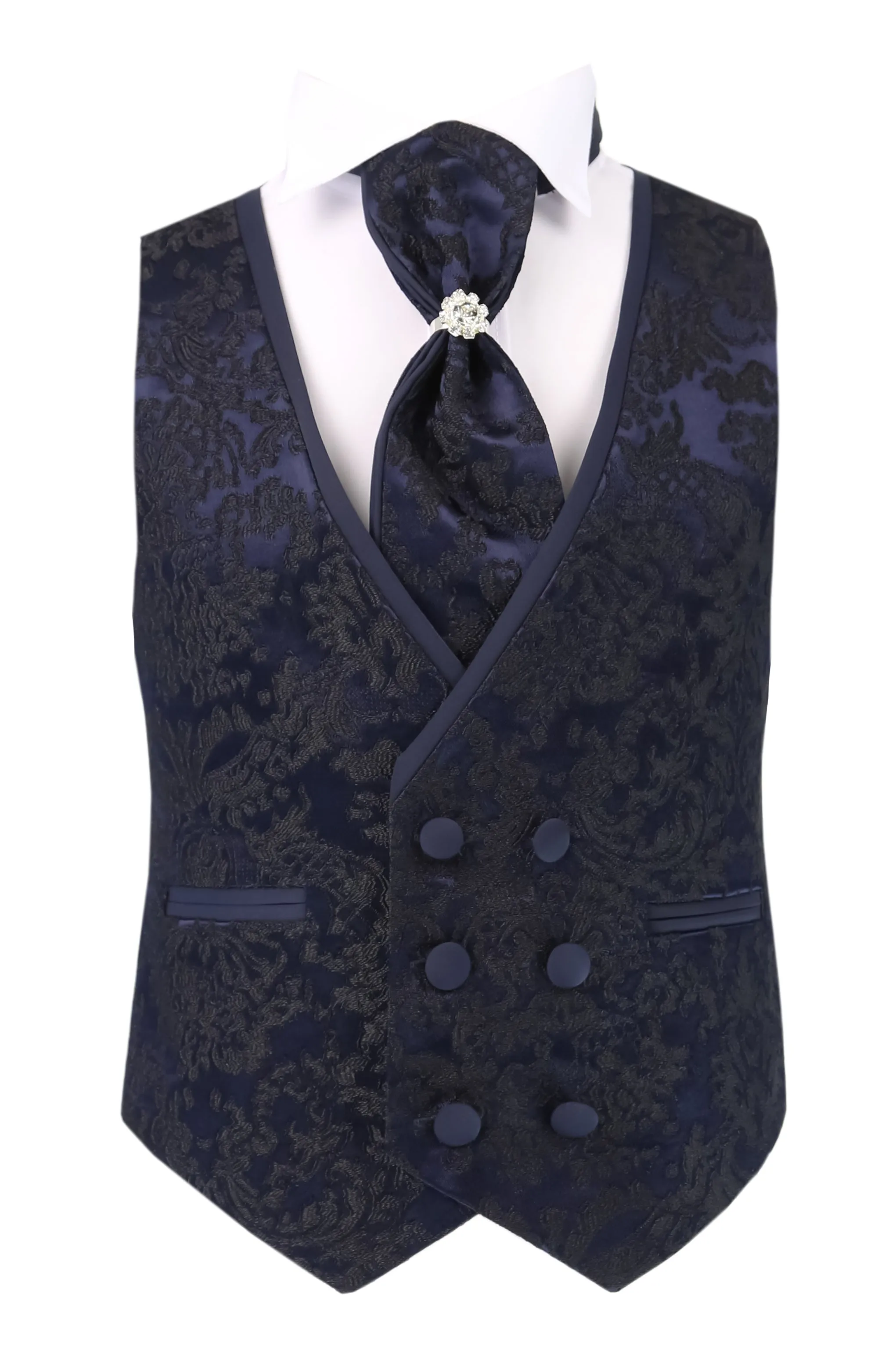 Boys Satin Lapel Paisley Floral Tuxedo Suit Set - Navy