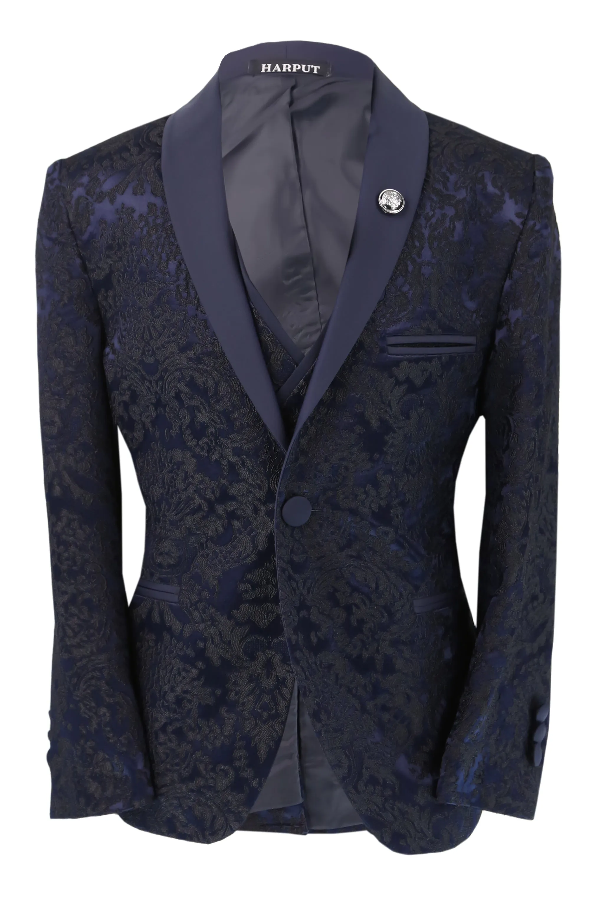 Boys Satin Lapel Paisley Floral Tuxedo Suit Set - Navy