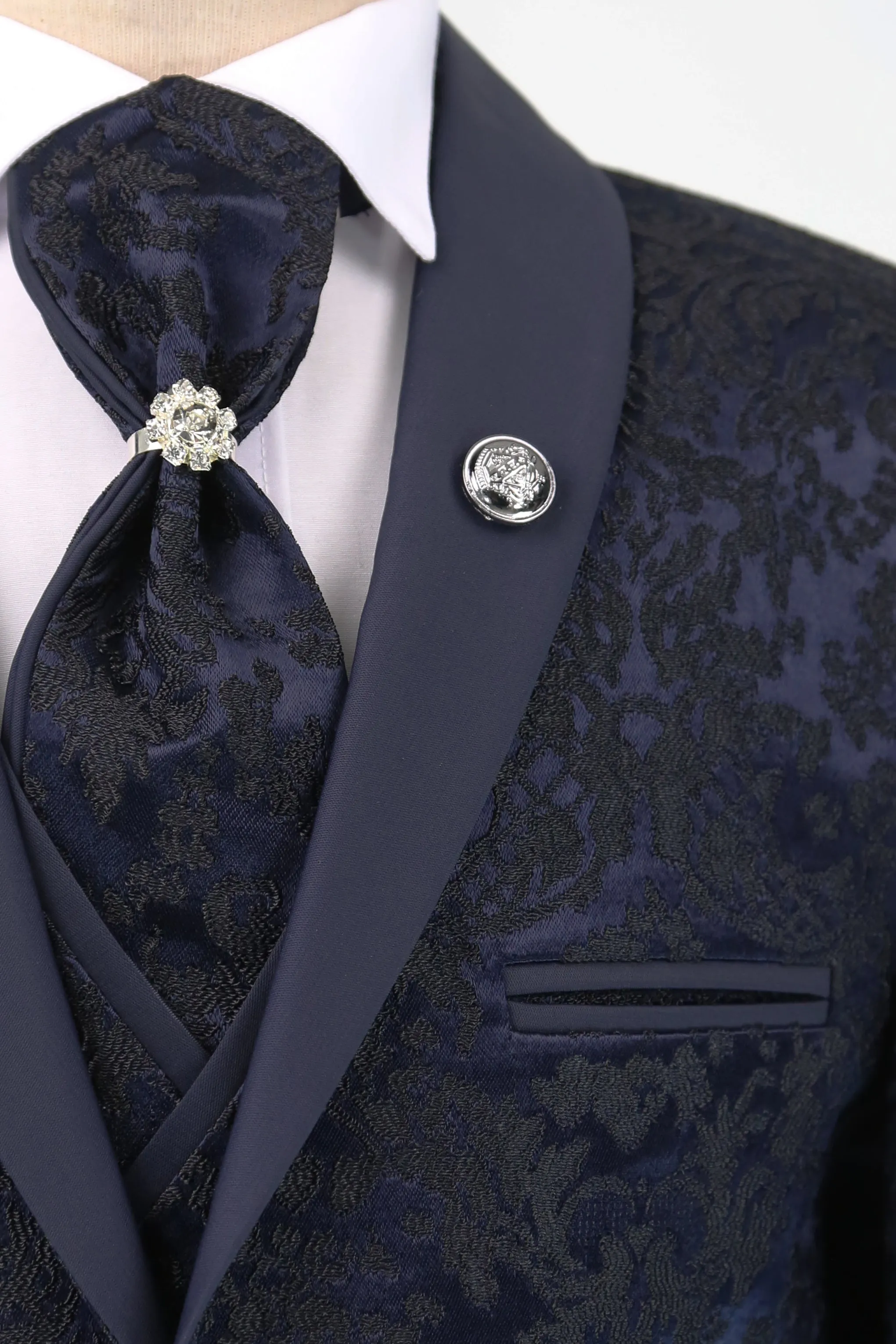 Boys Satin Lapel Paisley Floral Tuxedo Suit Set - Navy