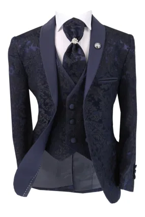 Boys Satin Lapel Paisley Floral Tuxedo Suit Set - Navy