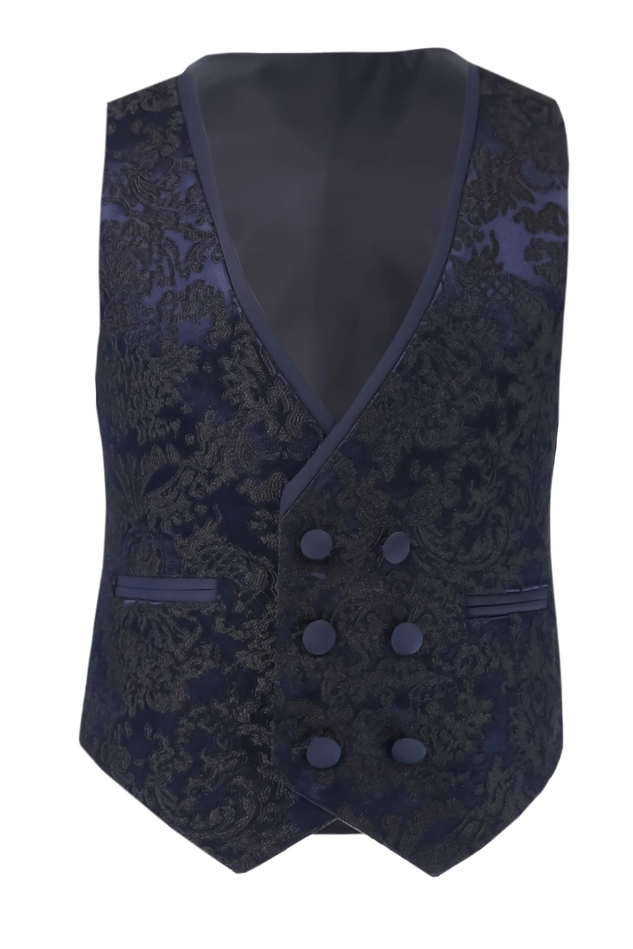 Boys Satin Lapel Paisley Floral Tuxedo Suit Set - Navy