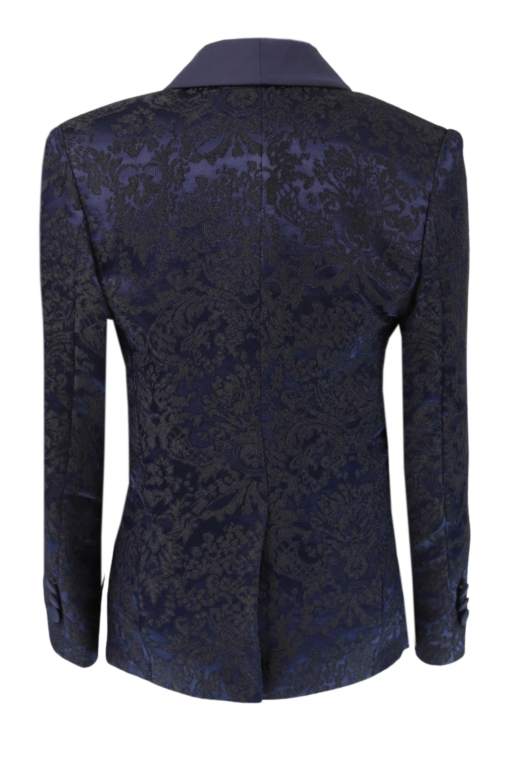 Boys Satin Lapel Paisley Floral Tuxedo Suit Set - Navy