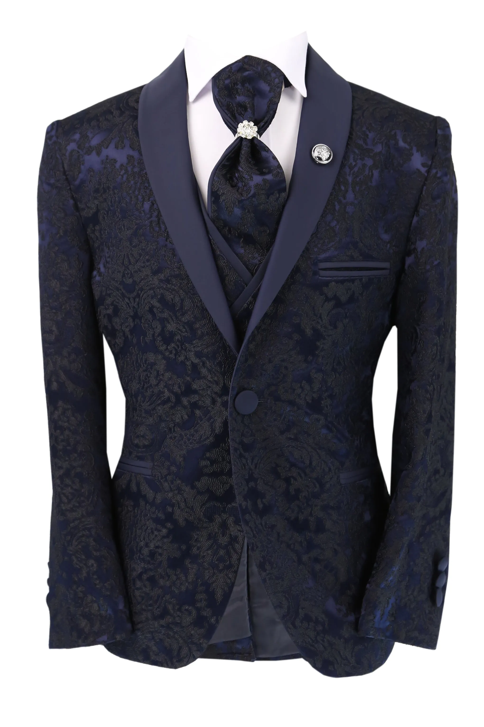 Boys Satin Lapel Paisley Floral Tuxedo Suit Set - Navy