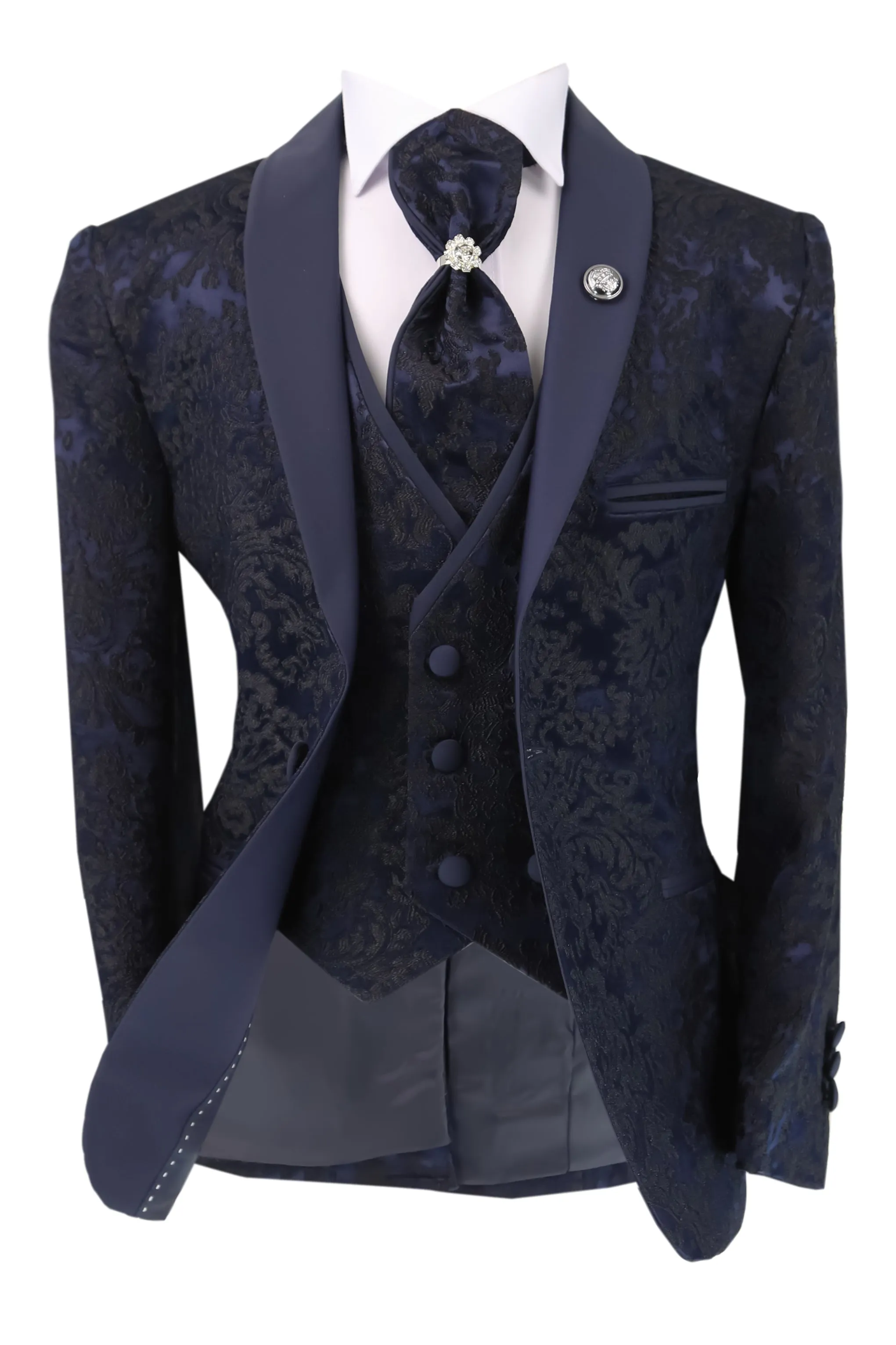 Boys Satin Lapel Paisley Floral Tuxedo Suit Set - Navy