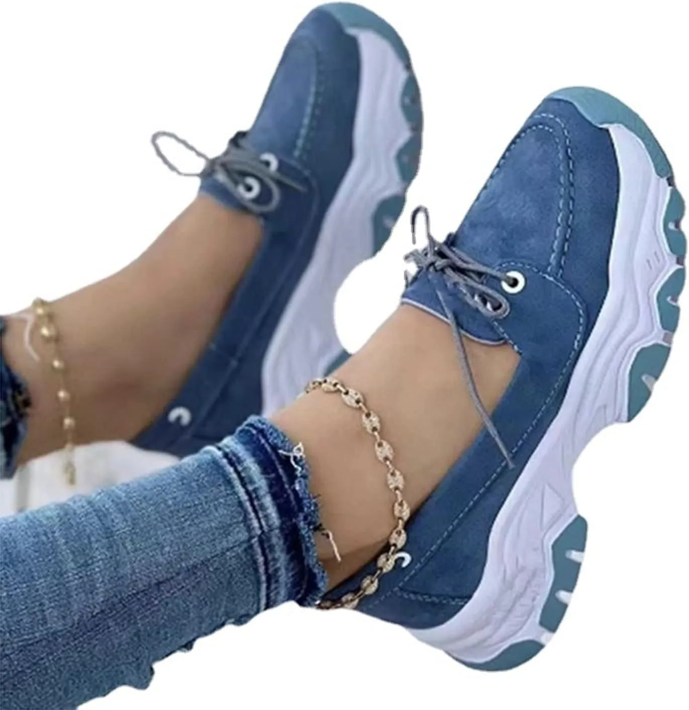 CANIAN 2023 Women's Platform lace-up Trainers, Breathable, Casual, Flat Running Shoes, Fashionable, Comfortable, Round Toe Single Shoes,Blue,35