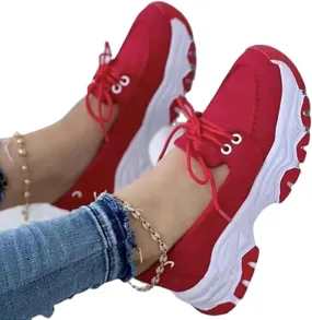 CANIAN 2023 Women's Platform lace-up Trainers, Breathable, Casual, Flat Running Shoes, Fashionable, Comfortable, Round Toe Single Shoes,Red,37
