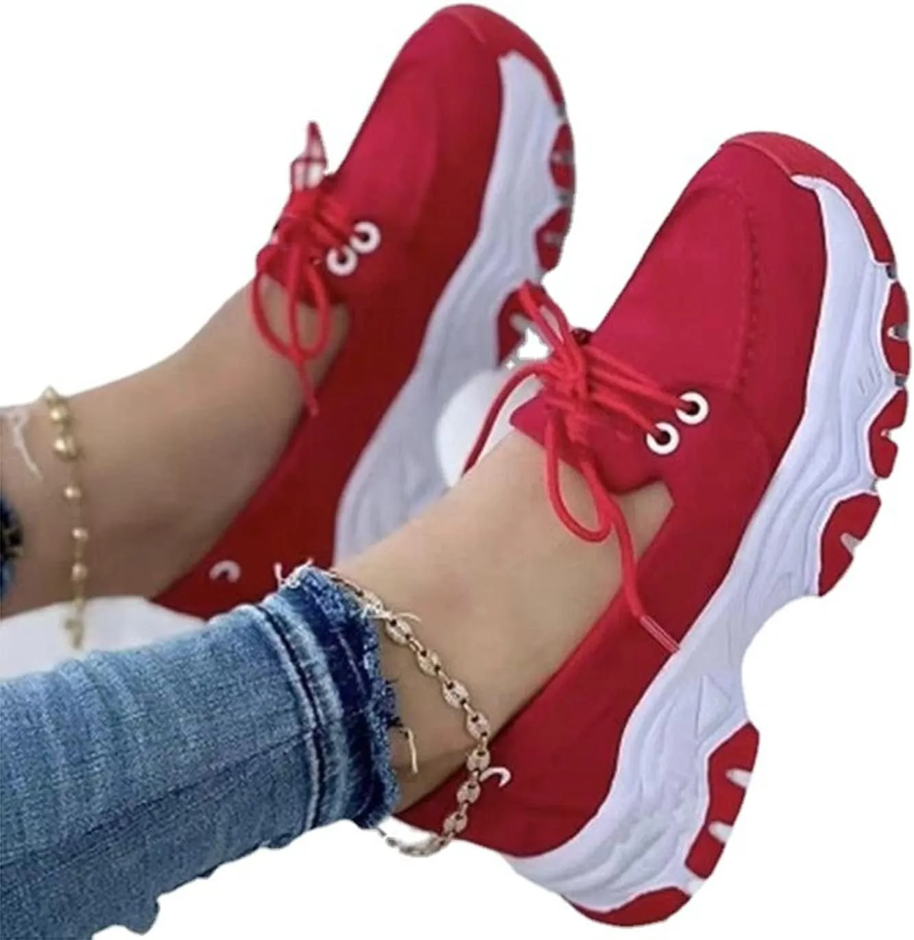 CANIAN 2023 Women's Platform lace-up Trainers, Breathable, Casual, Flat Running Shoes, Fashionable, Comfortable, Round Toe Single Shoes,Red,41