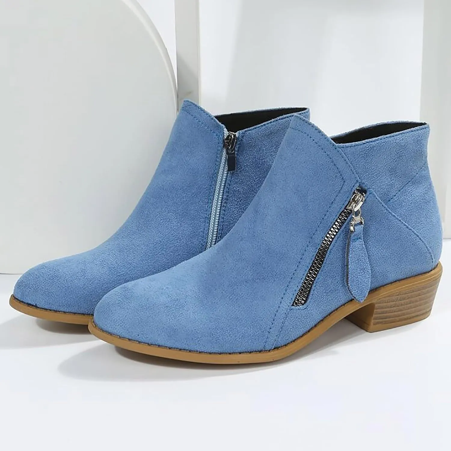 Cathalem Ankle Boots for Women Casual Cut Out Slip On Low Heel Short Chunky Stacked Heel Closed Toe Booties