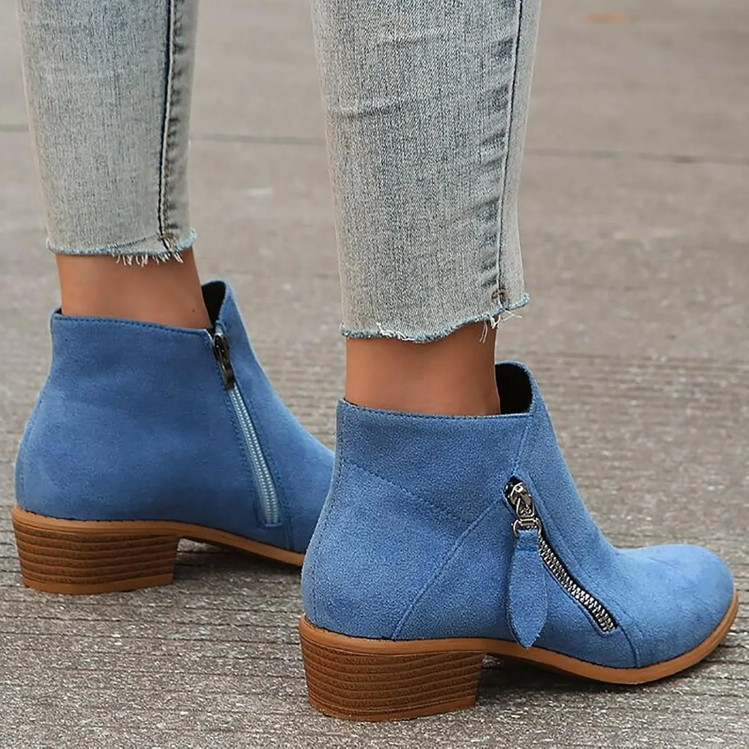 Cathalem Ankle Boots for Women Casual Cut Out Slip On Low Heel Short Chunky Stacked Heel Closed Toe Booties